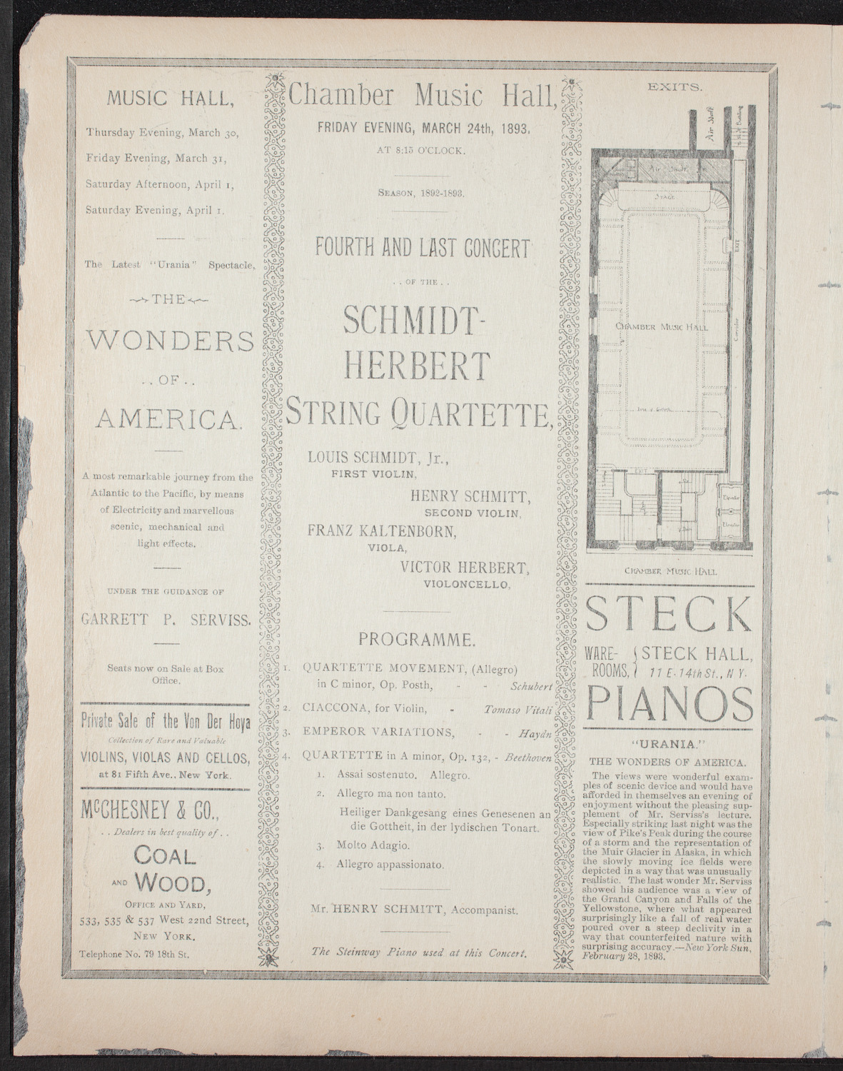 Schmidt-Herbert String Quartet, March 24, 1893, program page 2