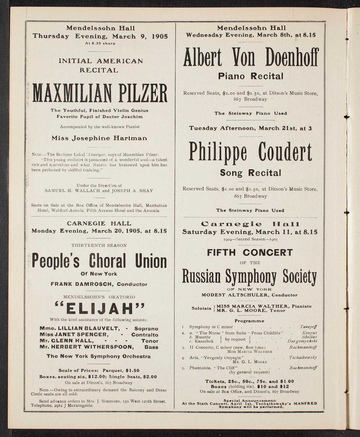 Eugène Ysaÿe, Violin, March 5, 1905, program page 10