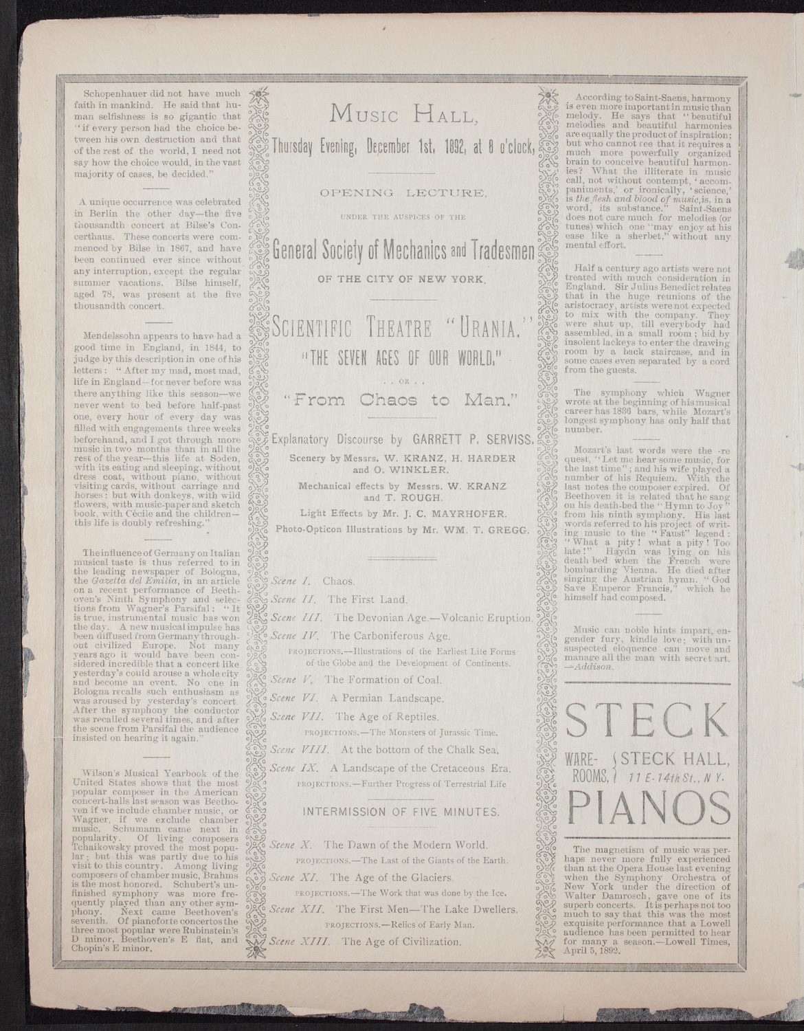 Urania Scientific Theatre, December 1, 1892, program page 2