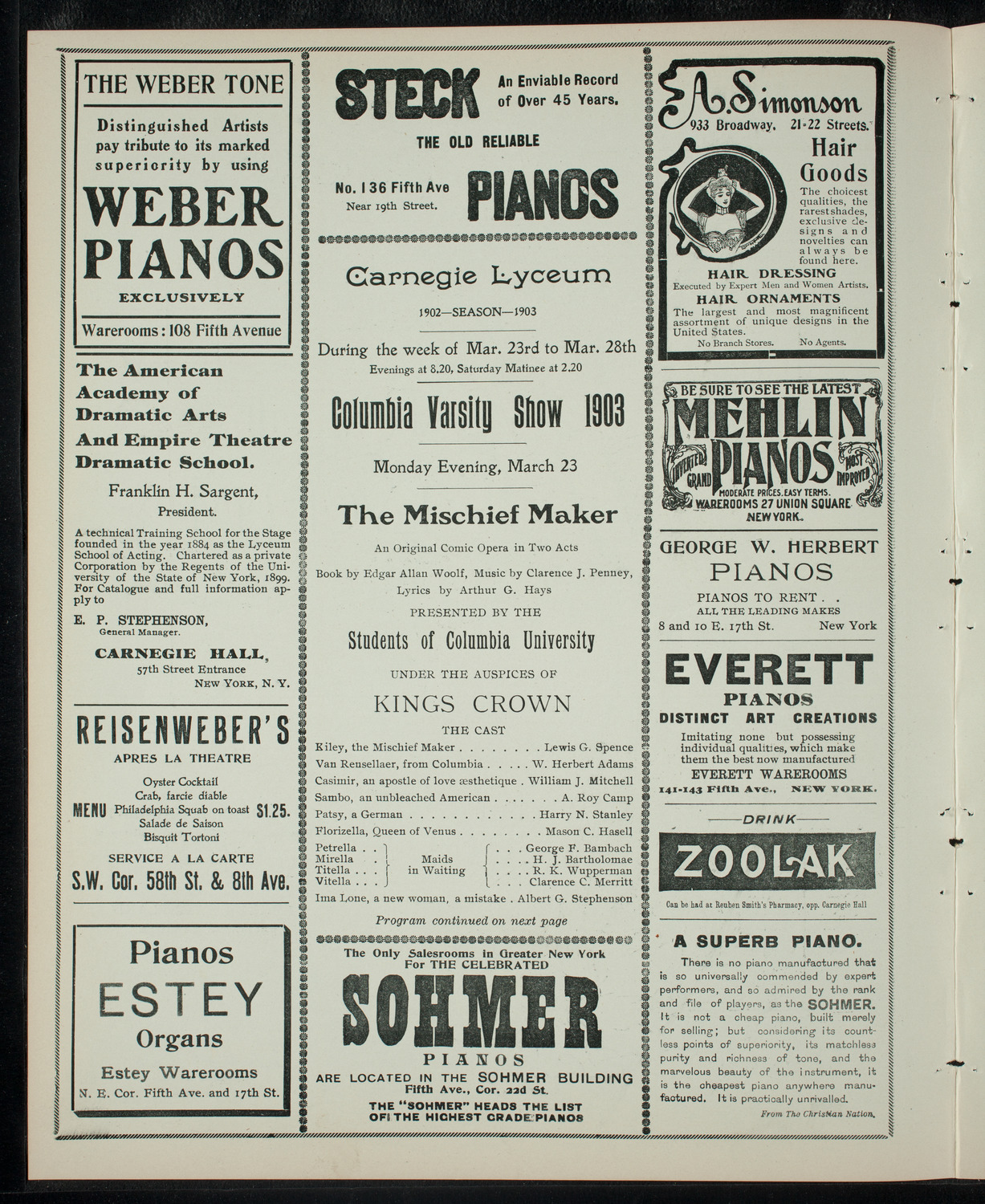 Columbia Varsity Show 1903, March 23, 1903, program page 2