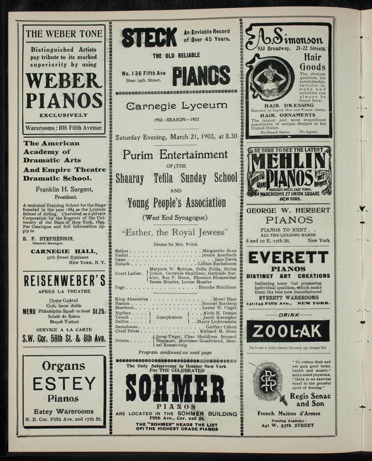 Shaaray Tefila Sunday School and Young People's Association Purim Entertainment, March 21, 1903, program page 2