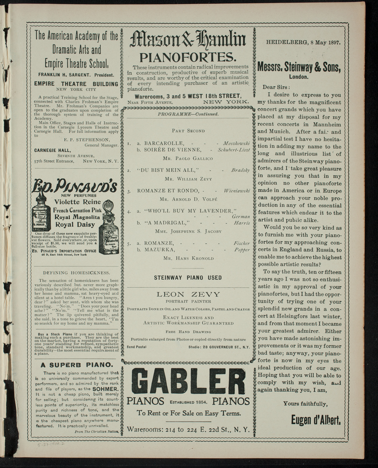 Grand Concert Given featuring William Zevy, May 27, 1900, program page 3