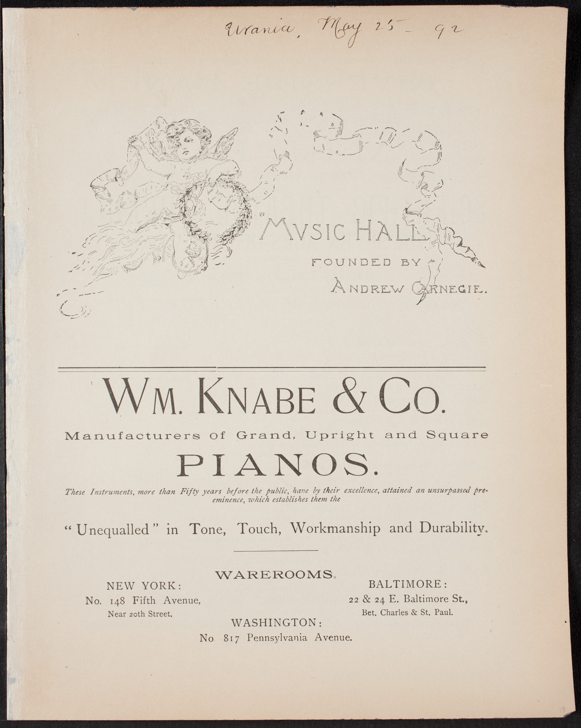 Urania Scientific Theatre, May 25, 1892, program page 1