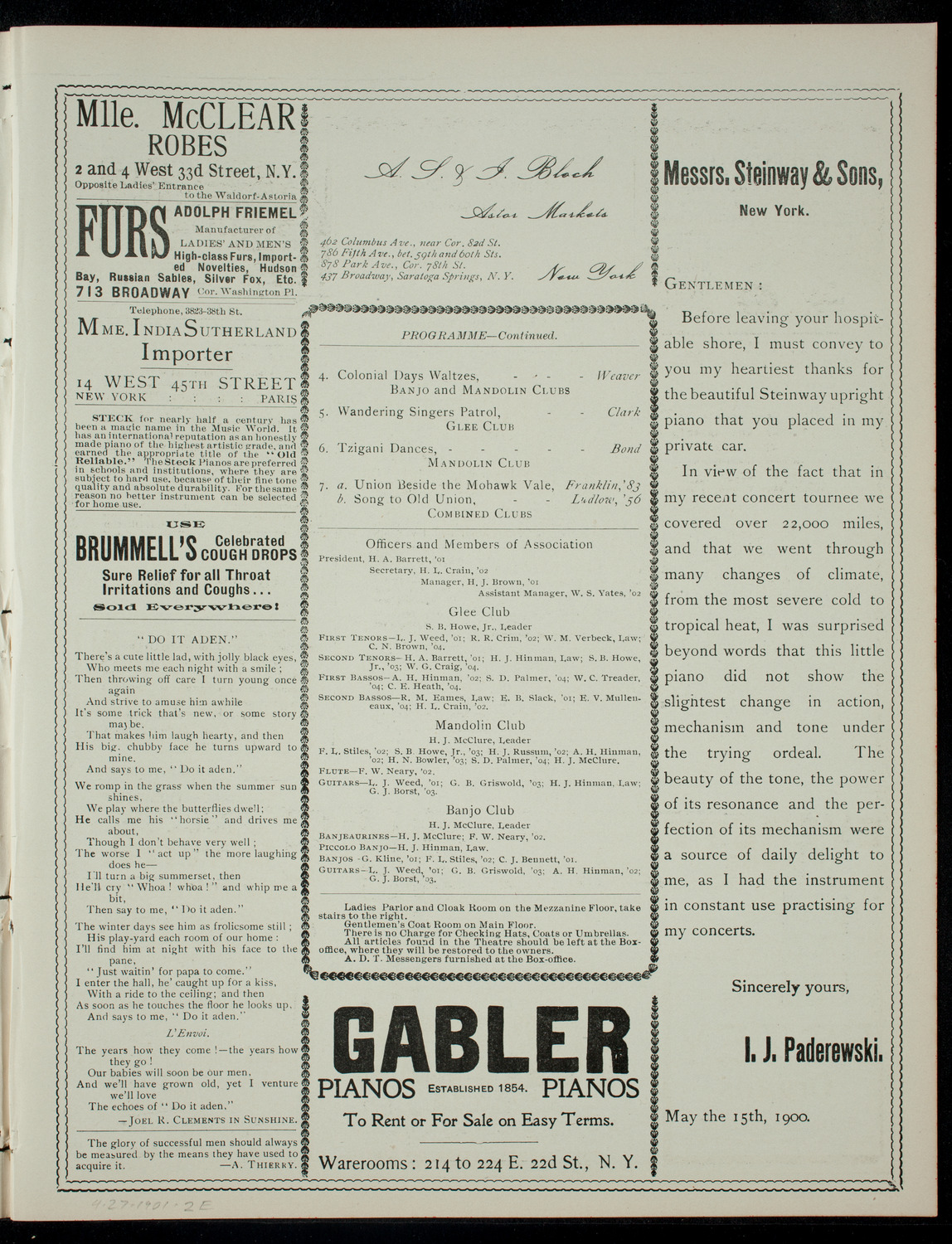 Concert by the Union College Musical Association, April 27, 1901, program page 3