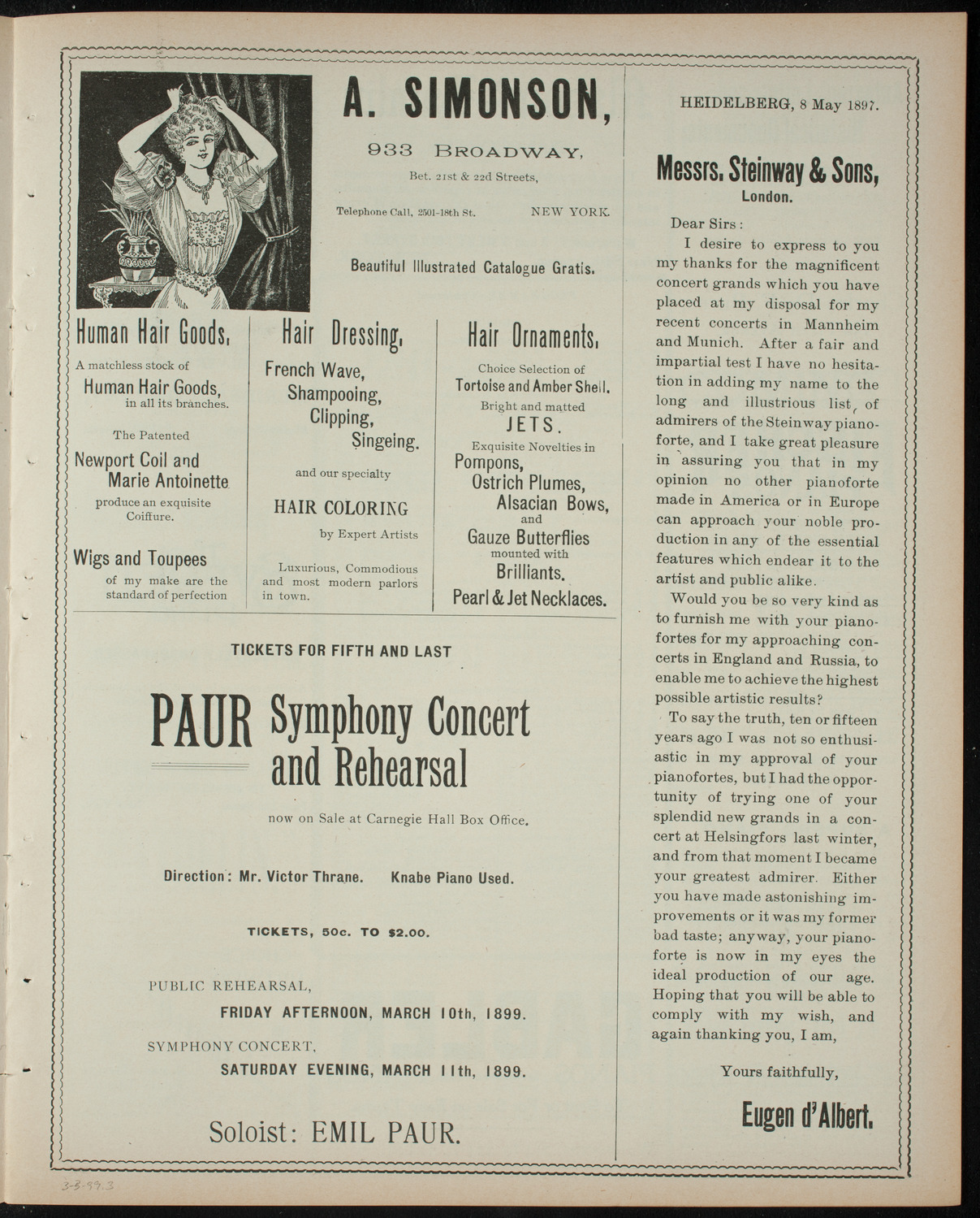 Columbia University Musical Society, March 3, 1899, program page 5