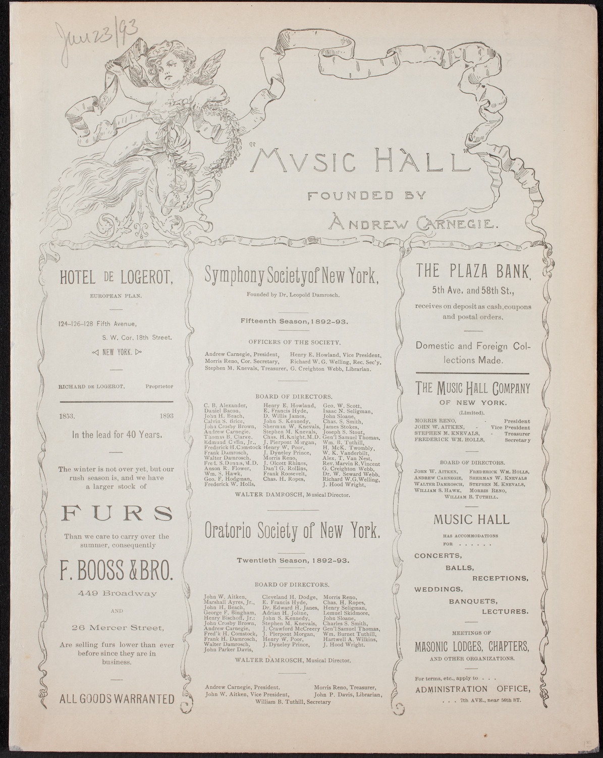 Sousa's Grand Concert Band, January 23, 1893, program page 1