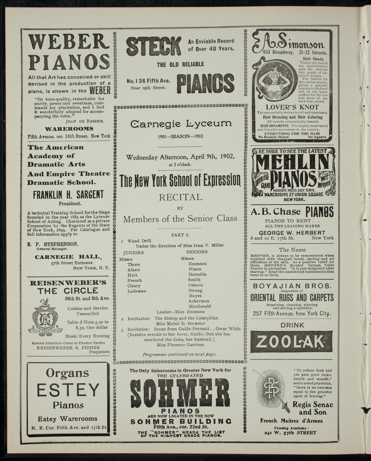 New York School of Expression Senior Class Recital, April 9, 1902, program page 2