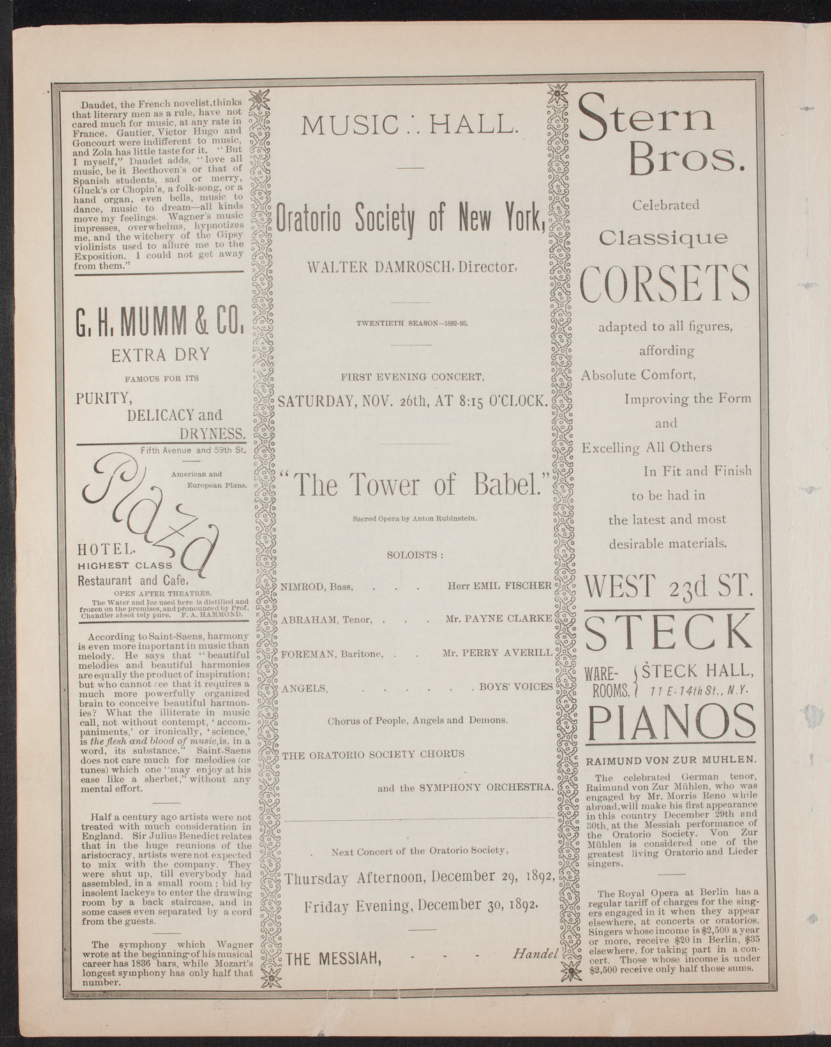 Oratorio Society of New York, November 26, 1892, program page 4