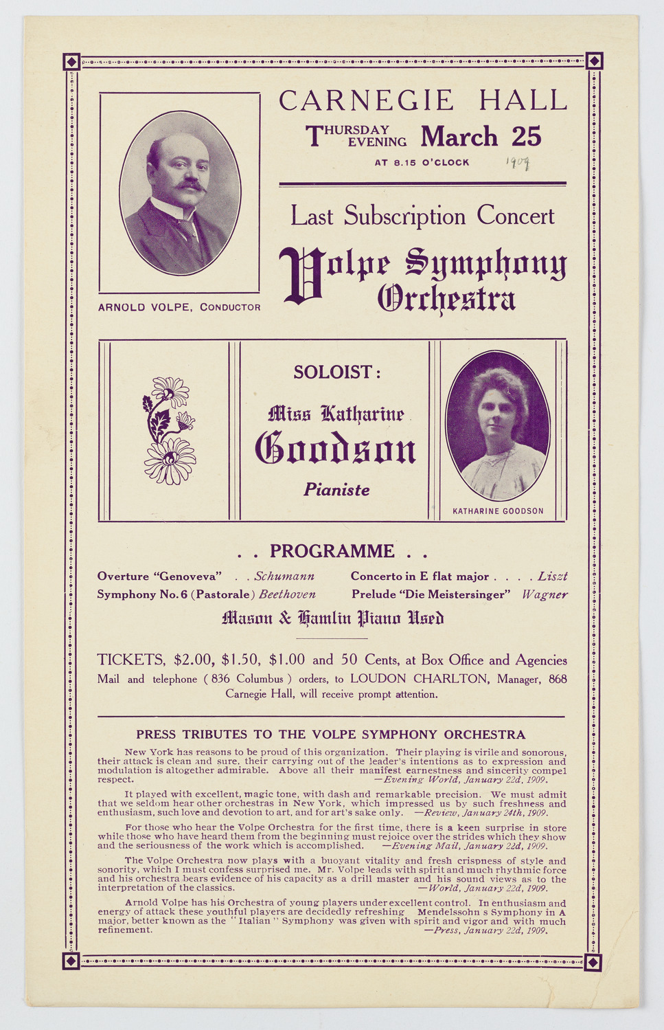 Volpe Symphony Society of New York, March 25, 1909
