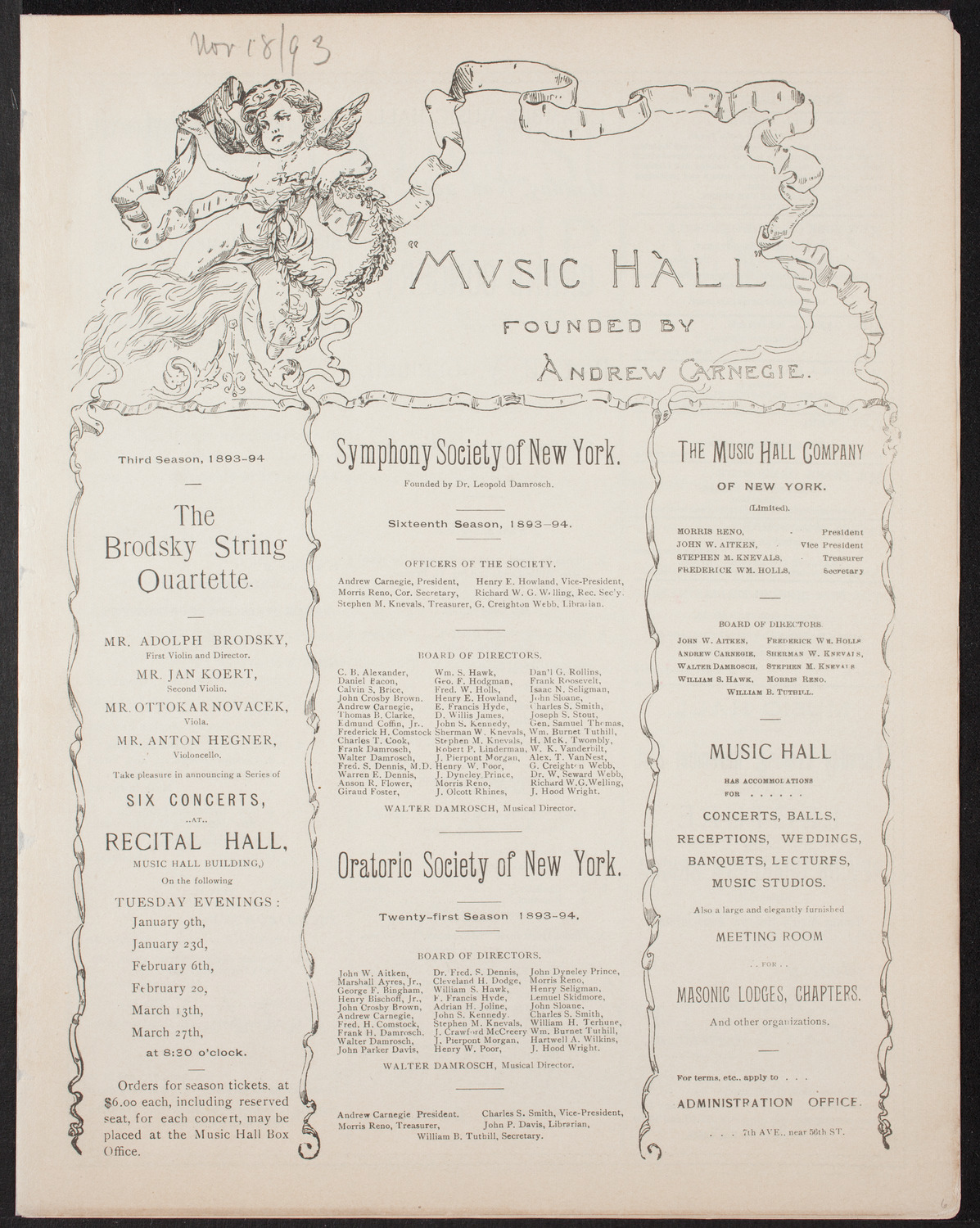 Adelina Patti with Orchestra, November 18, 1893, program page 1