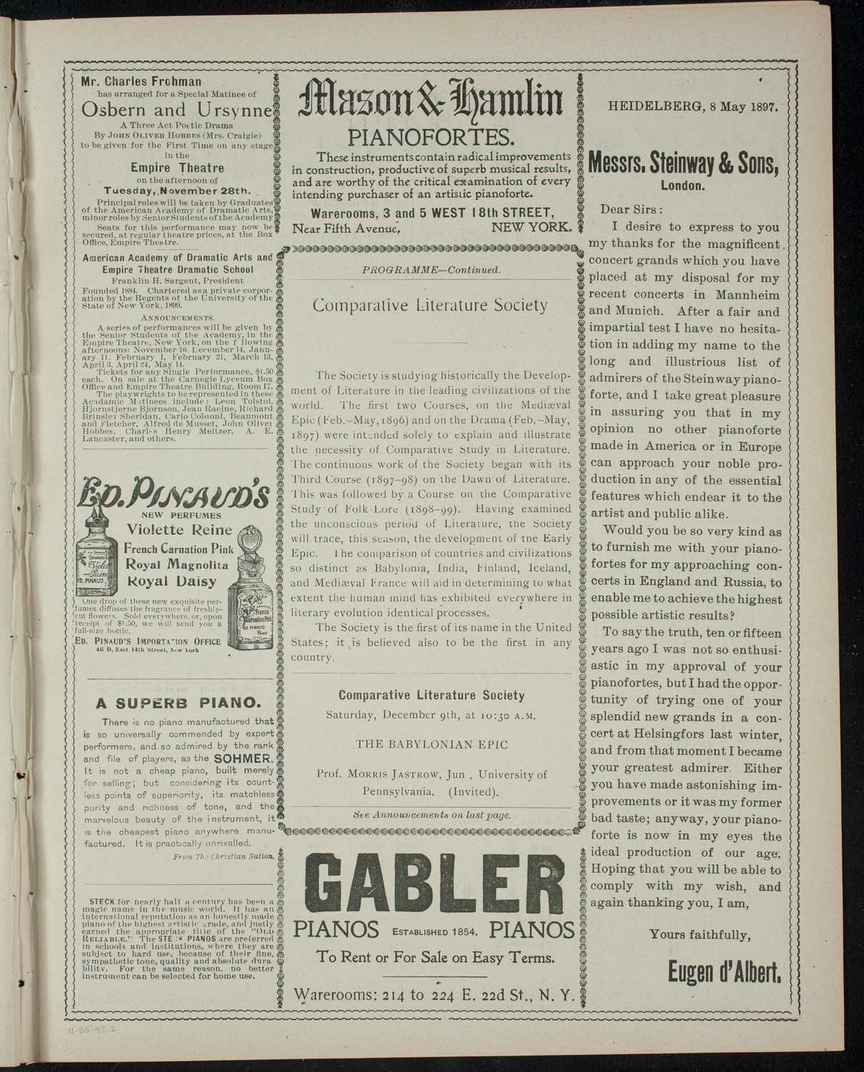 Comparative Literature Society, November 25, 1899, program page 3