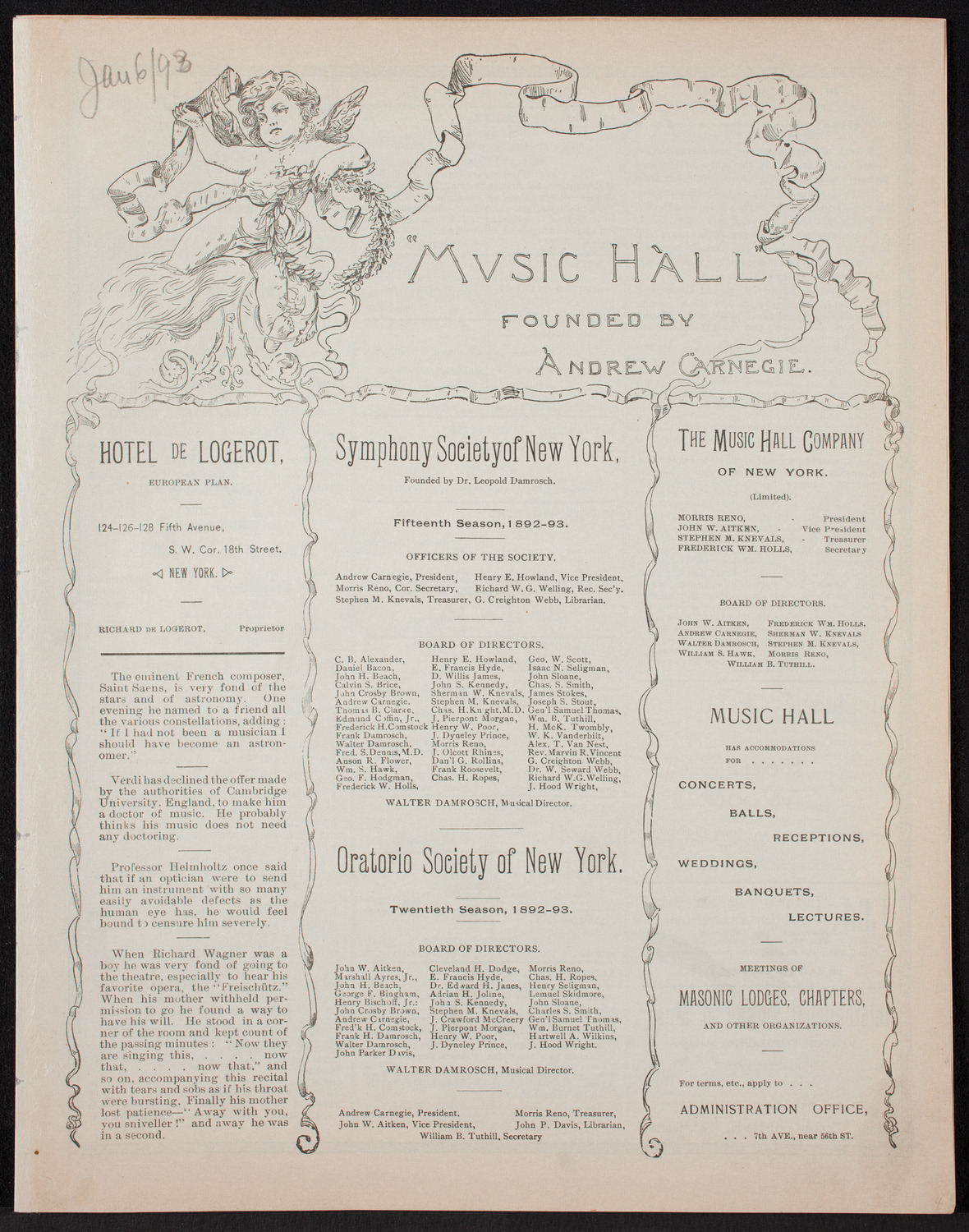 New York Symphony Orchestra, January 6, 1893, program page 1