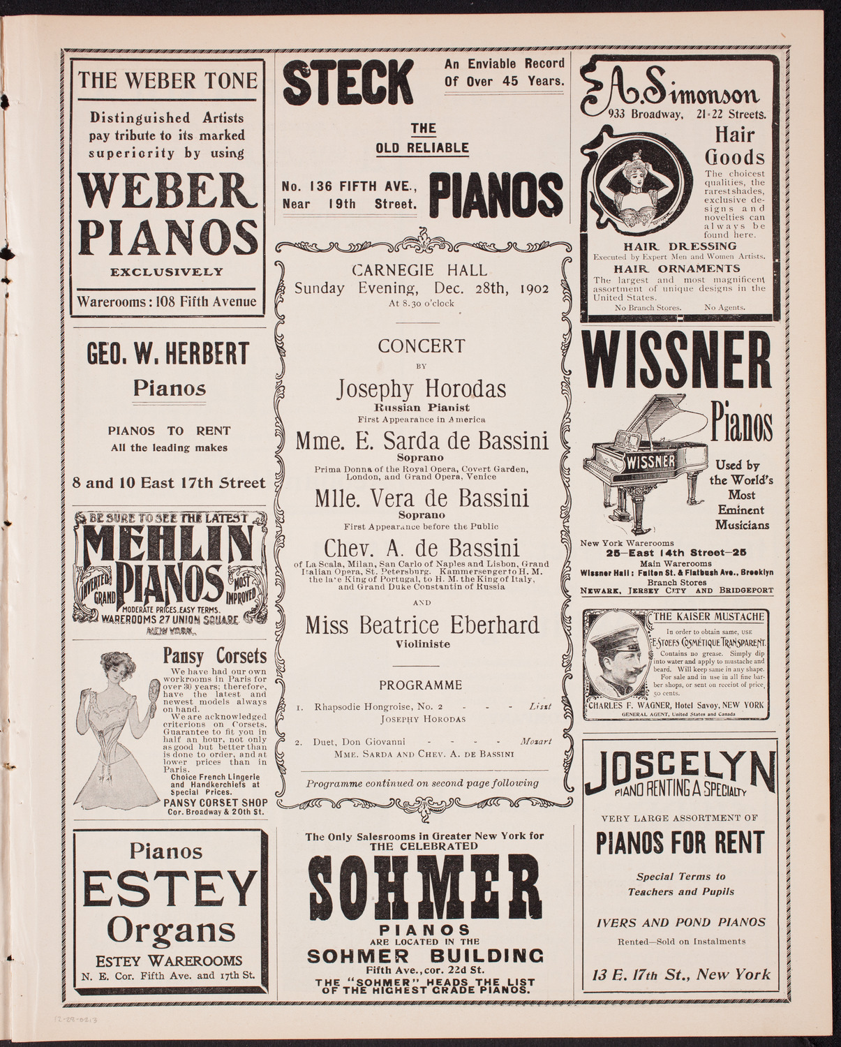 Josephy Horodas, E. Sarda de Bassini, Vera de Bassini, A. de Bassini, and Beatrice Eberhard, December 28, 1902, program page 5