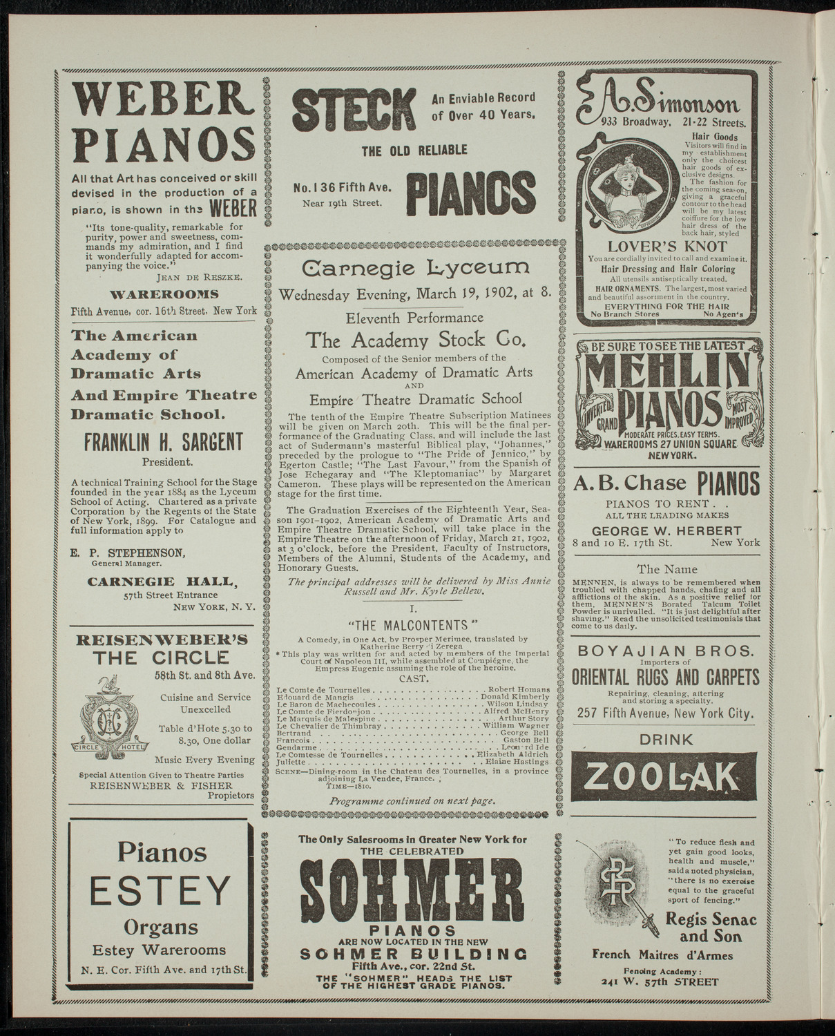 Academy Stock Company of the American Academy of Dramatic Arts and Empire Theatre Dramatic School, March 19, 1902, program page 2