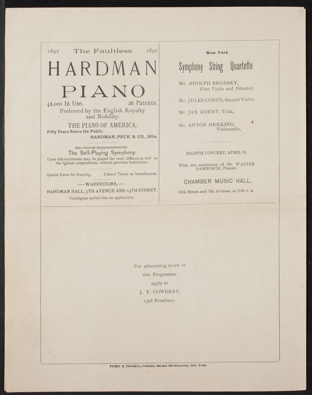 Arthur Hochmann and Arthur Hartmann, April 2, 1892, program page 12
