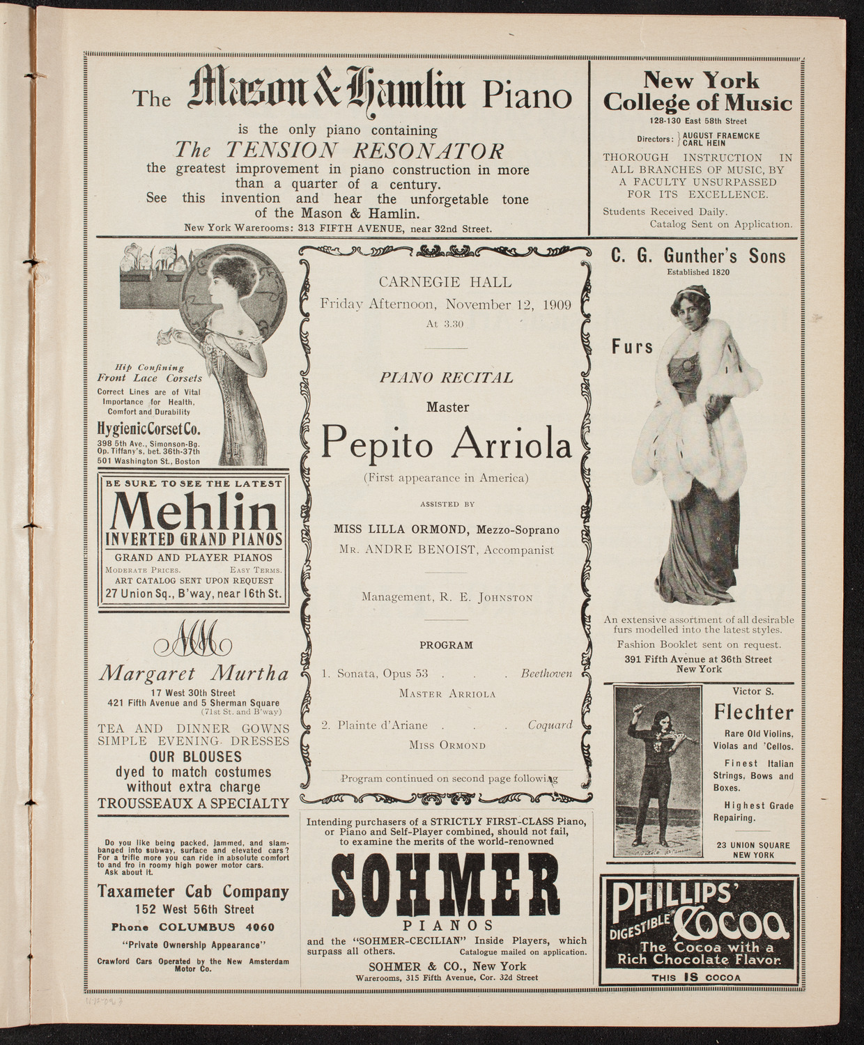 Pepito Arriola, Piano, November 12, 1909, program page 5