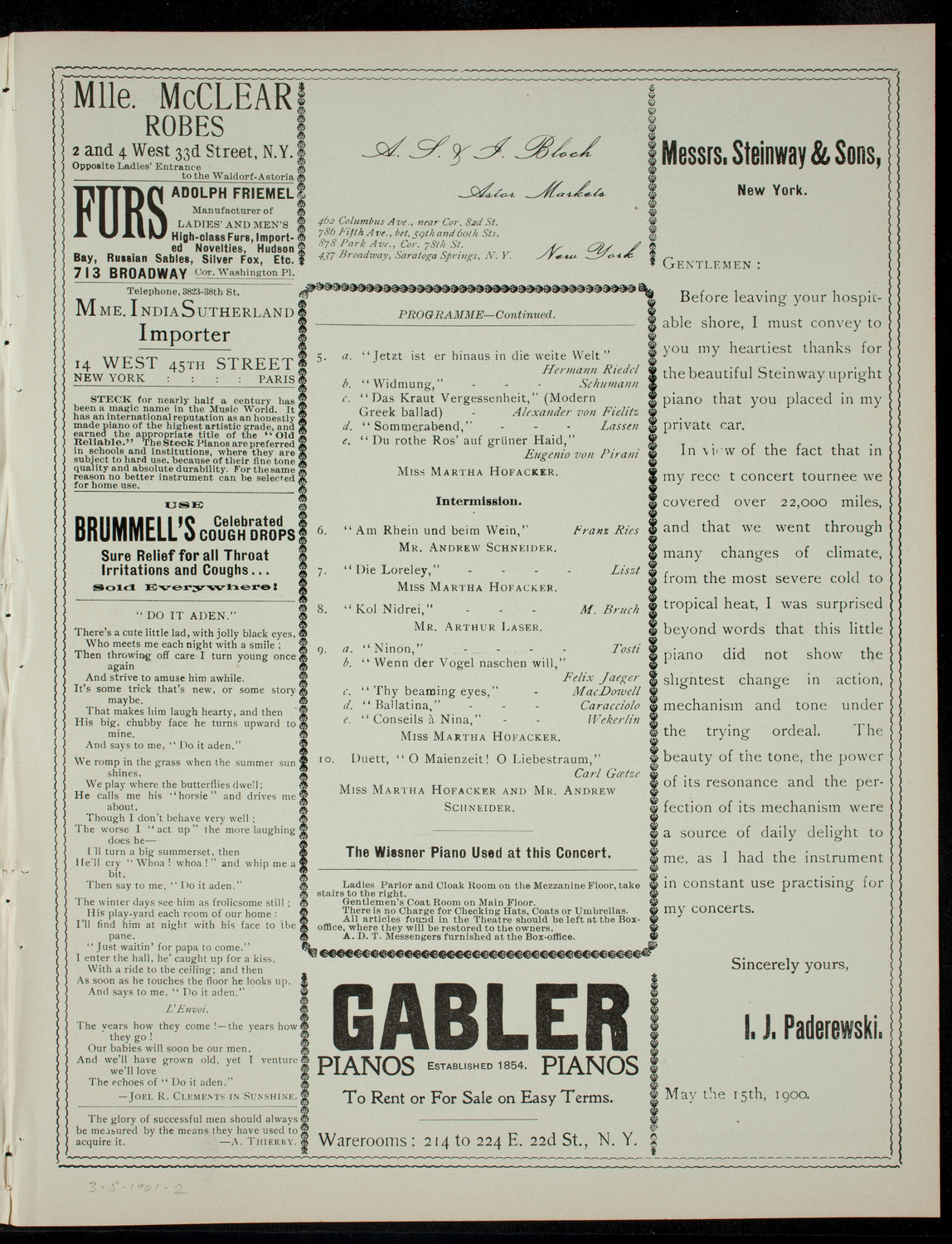 Martha Hofacker, March 5, 1901, program page 3