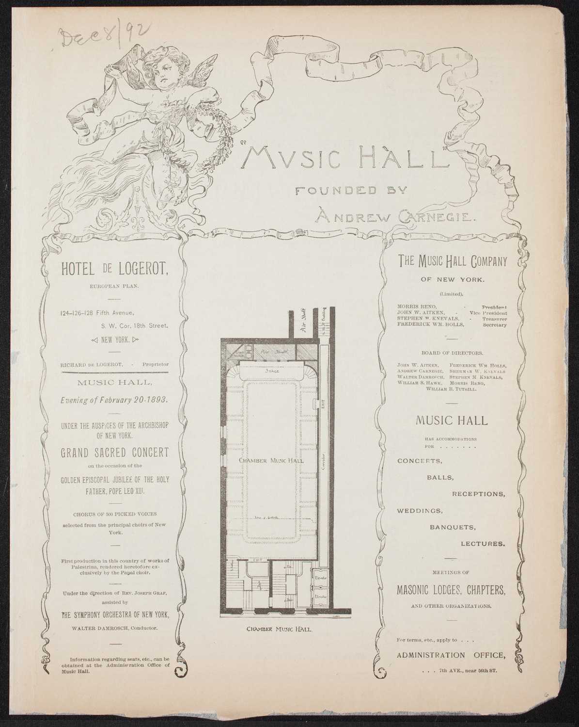 Walter J. Hall, Piano, December 8, 1892, program page 1