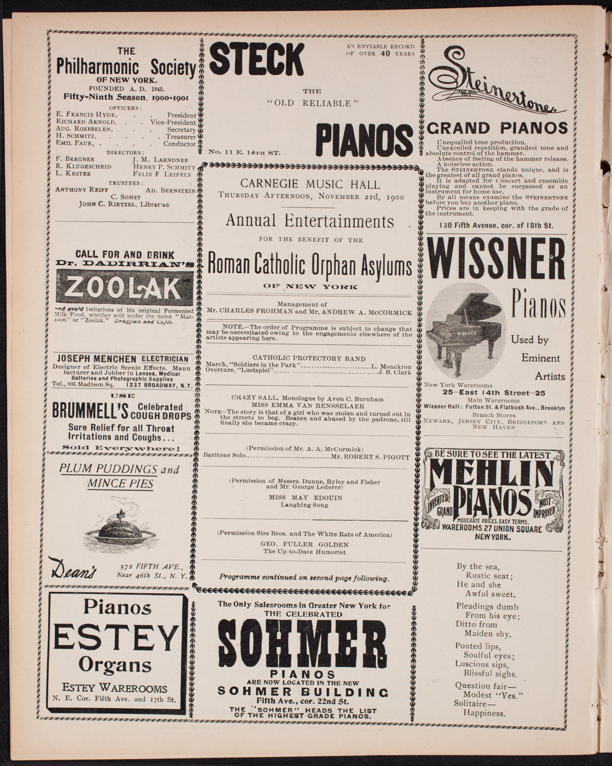 Benefit: Roman Catholic Orphan Asylums, November 22, 1900, program page 4