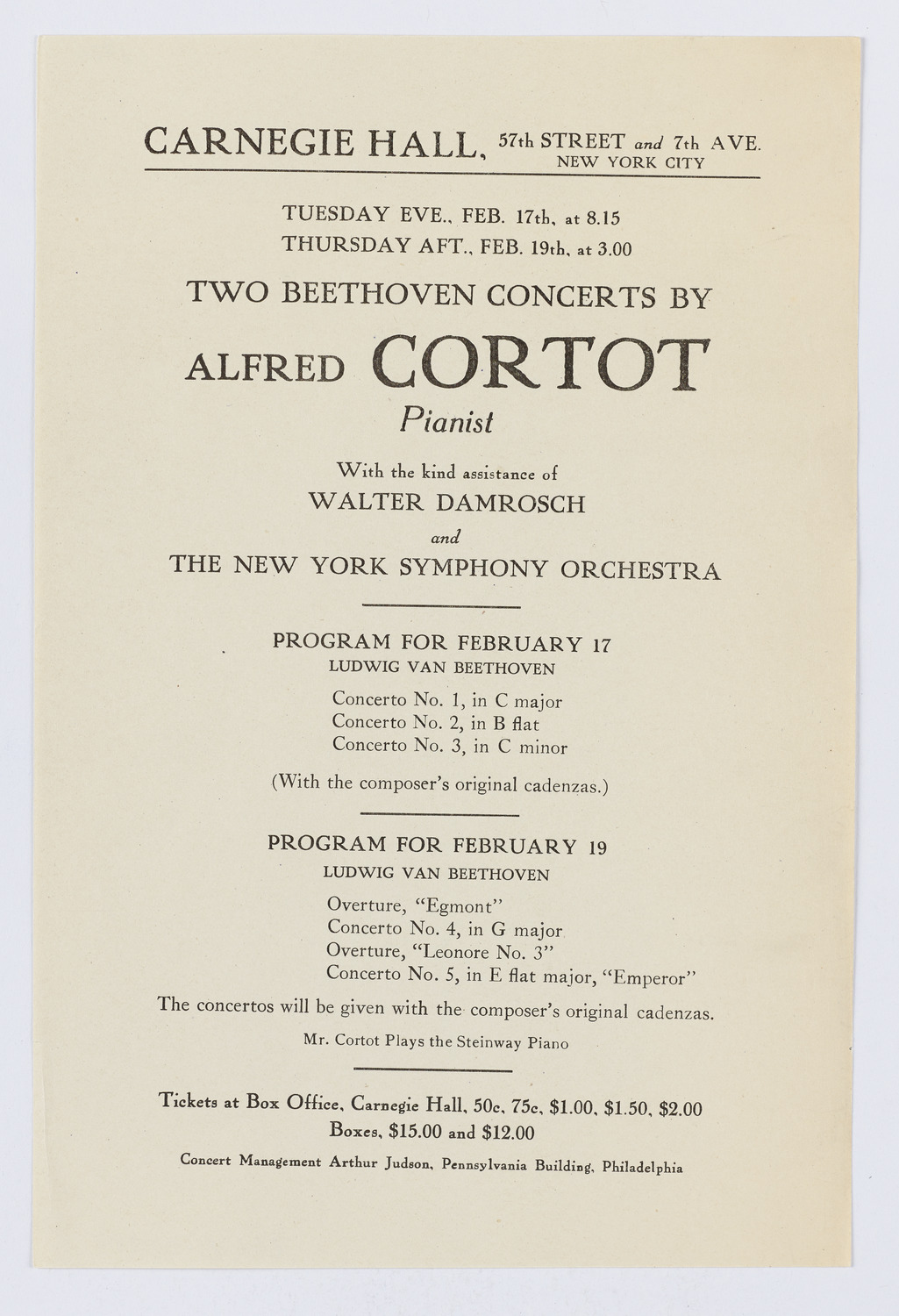 Alfred Cortot with the New York Symphony Orchestra, February 1920