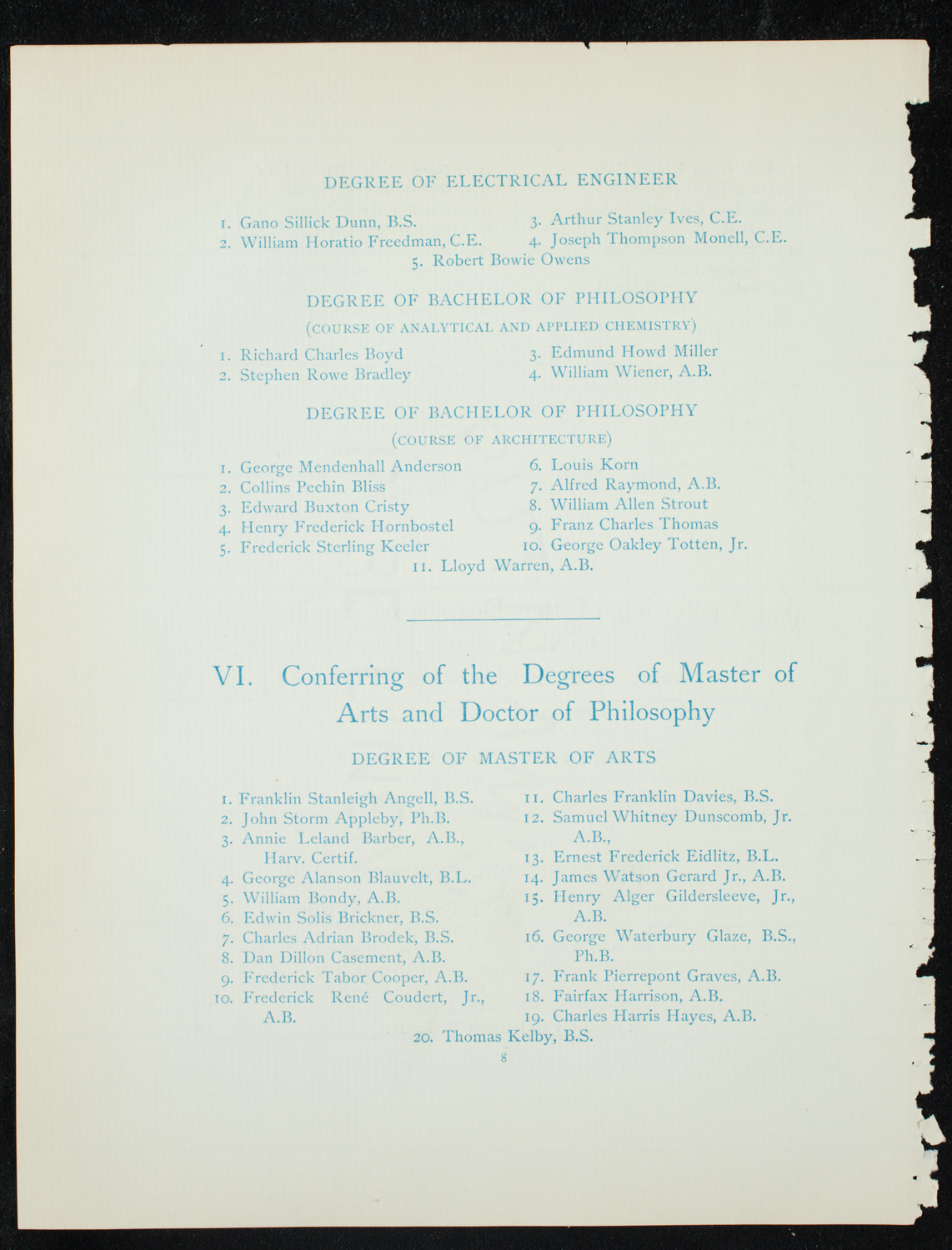 Graduation: Columbia College, June 10, 1891, program page 8