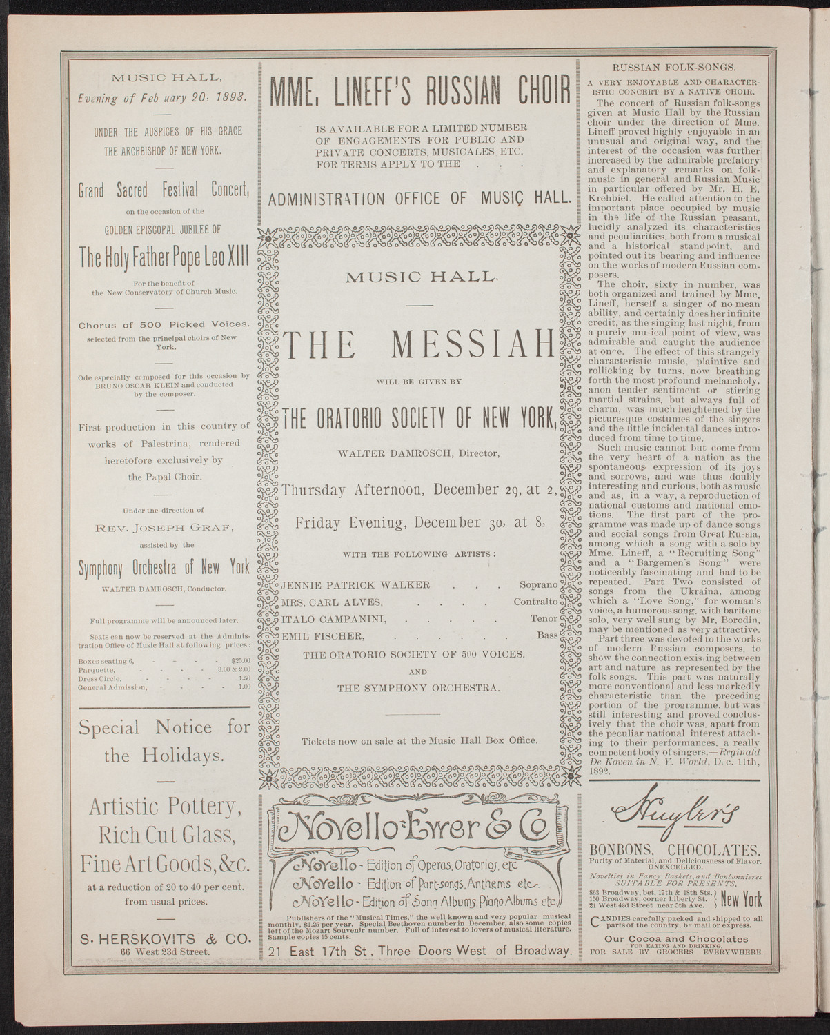 Damrosch Sunday Concert, December 25, 1892, program page 6
