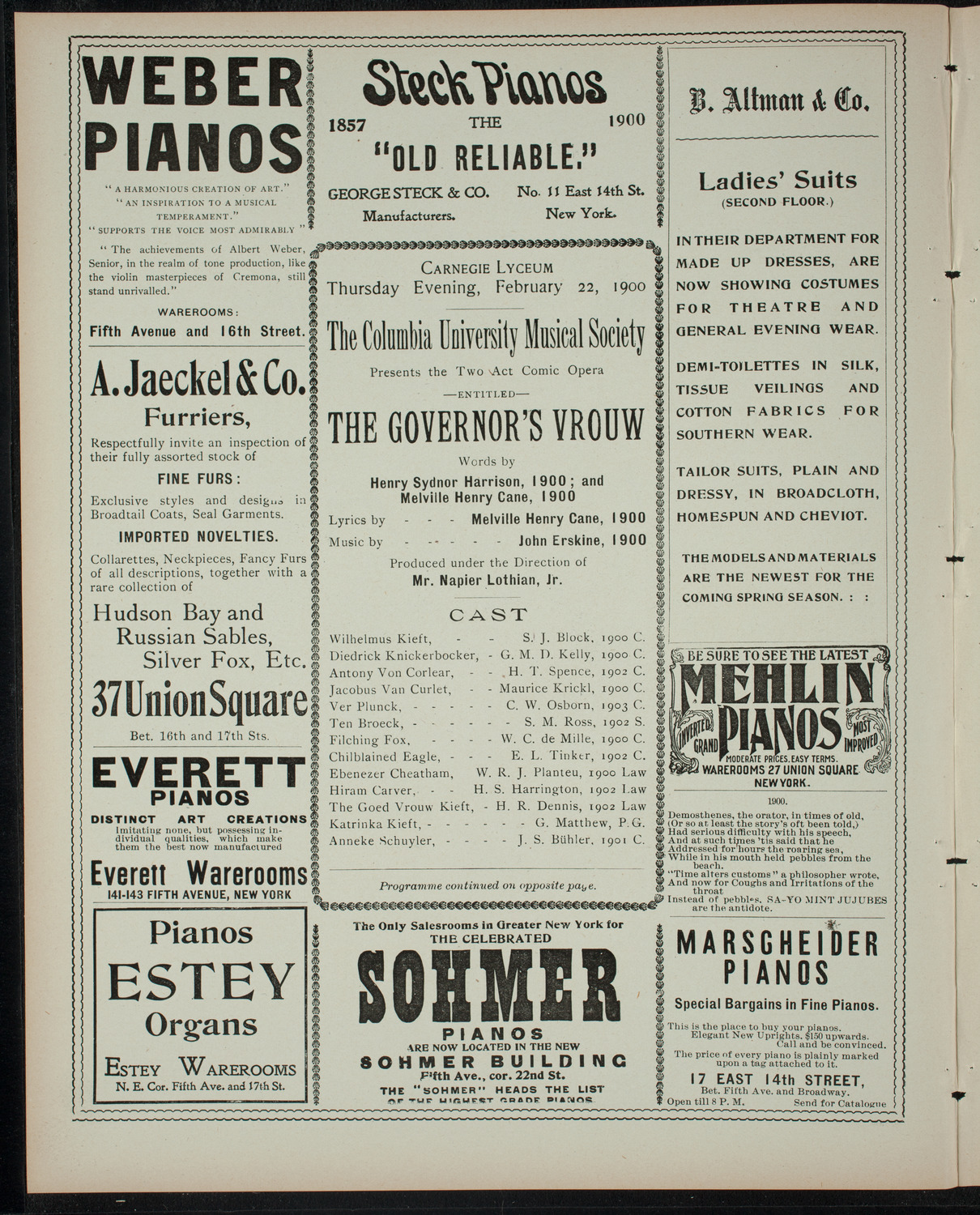 Columbia University Musical Society, February 22, 1900, program page 2