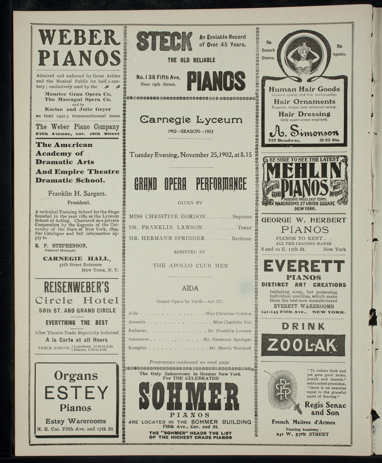 Grand Opera Performance, November 25, 1902, program page 2