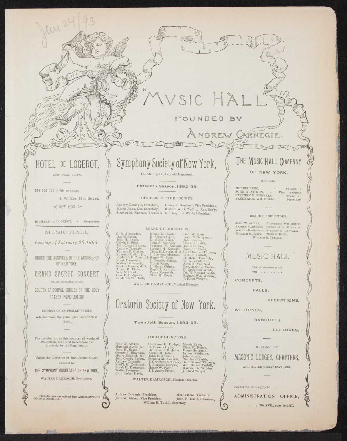 New York Symphony String Quartet, January 24, 1893, program page 1