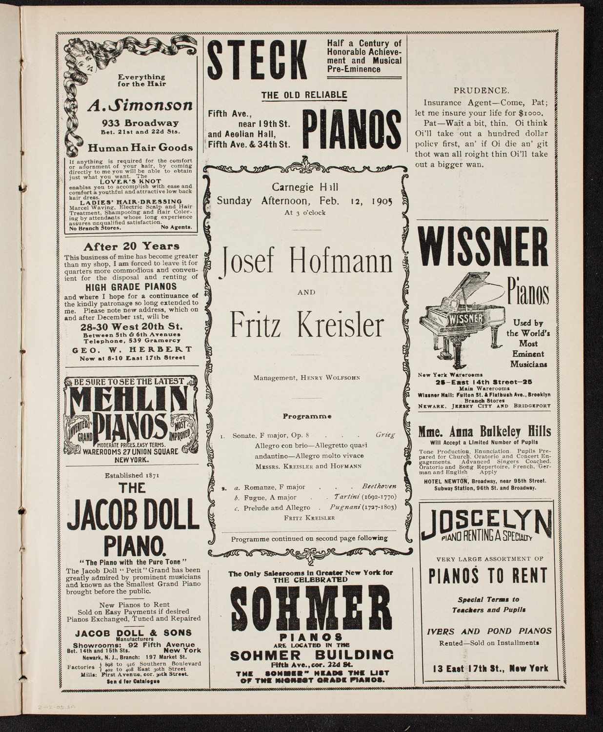 Josef Hofmann, Piano, and Fritz Kreisler, Violin, February 12, 1905, program page 5