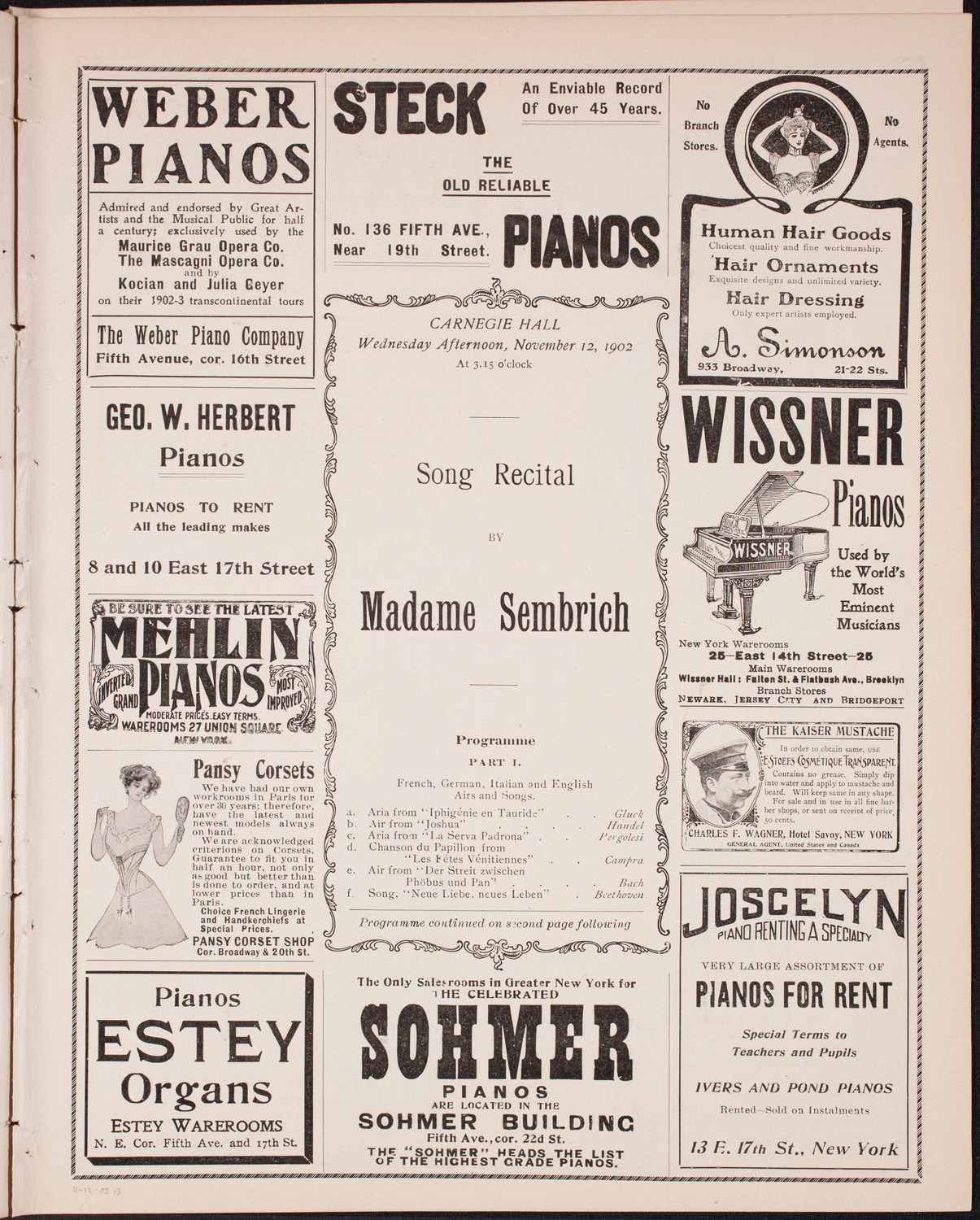 Marcella Sembrich, Soprano, November 12, 1902, program page 3
