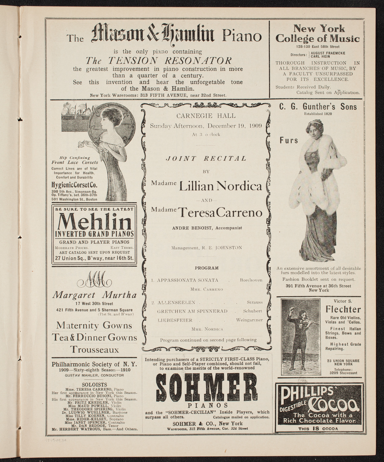 Lillian Nordica, Soprano, and Teresa Carreño, Piano, December 19, 1909, program page 5