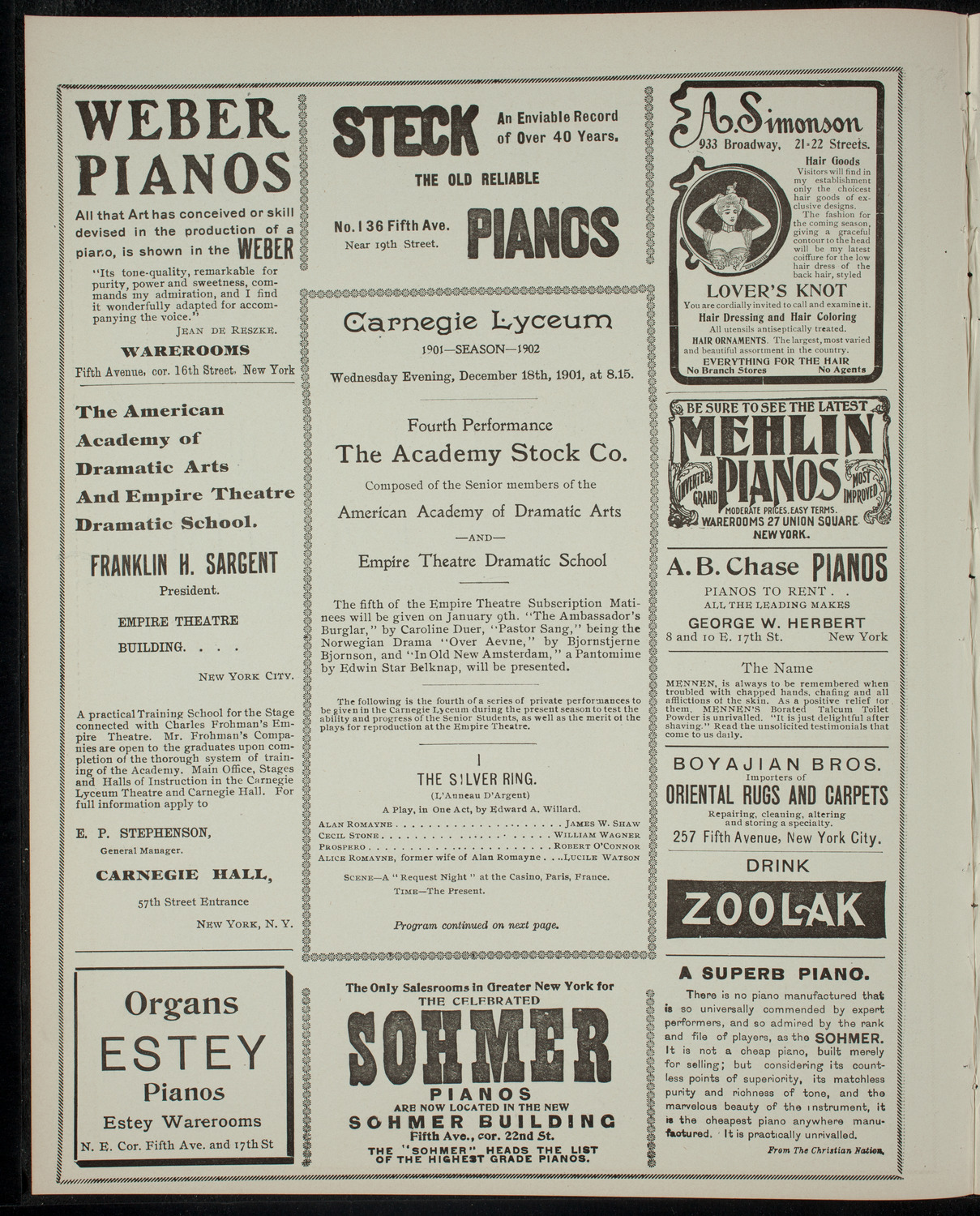 Academy Stock Company of the American Academy of Dramatic Arts and Empire Theatre Dramatic School, December 18, 1901, program page 2