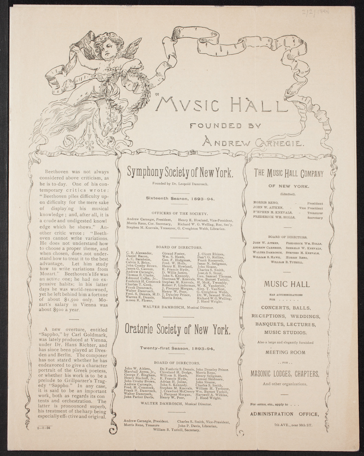 Madame Lineff's Russian Choir, February 2, 1894, program page 1