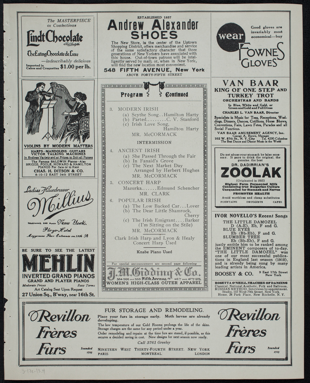 John McCormack, Tenor, March 17, 1913, program page 7