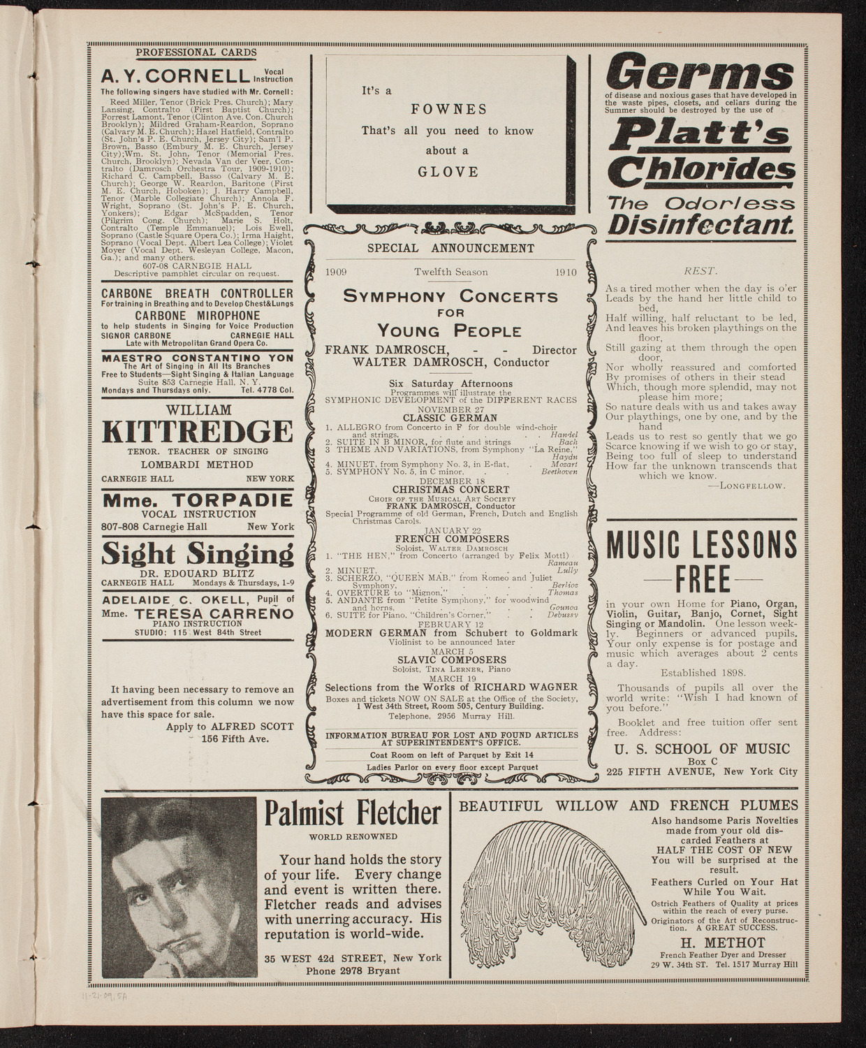 New York Philharmonic, November 21, 1909, program page 9