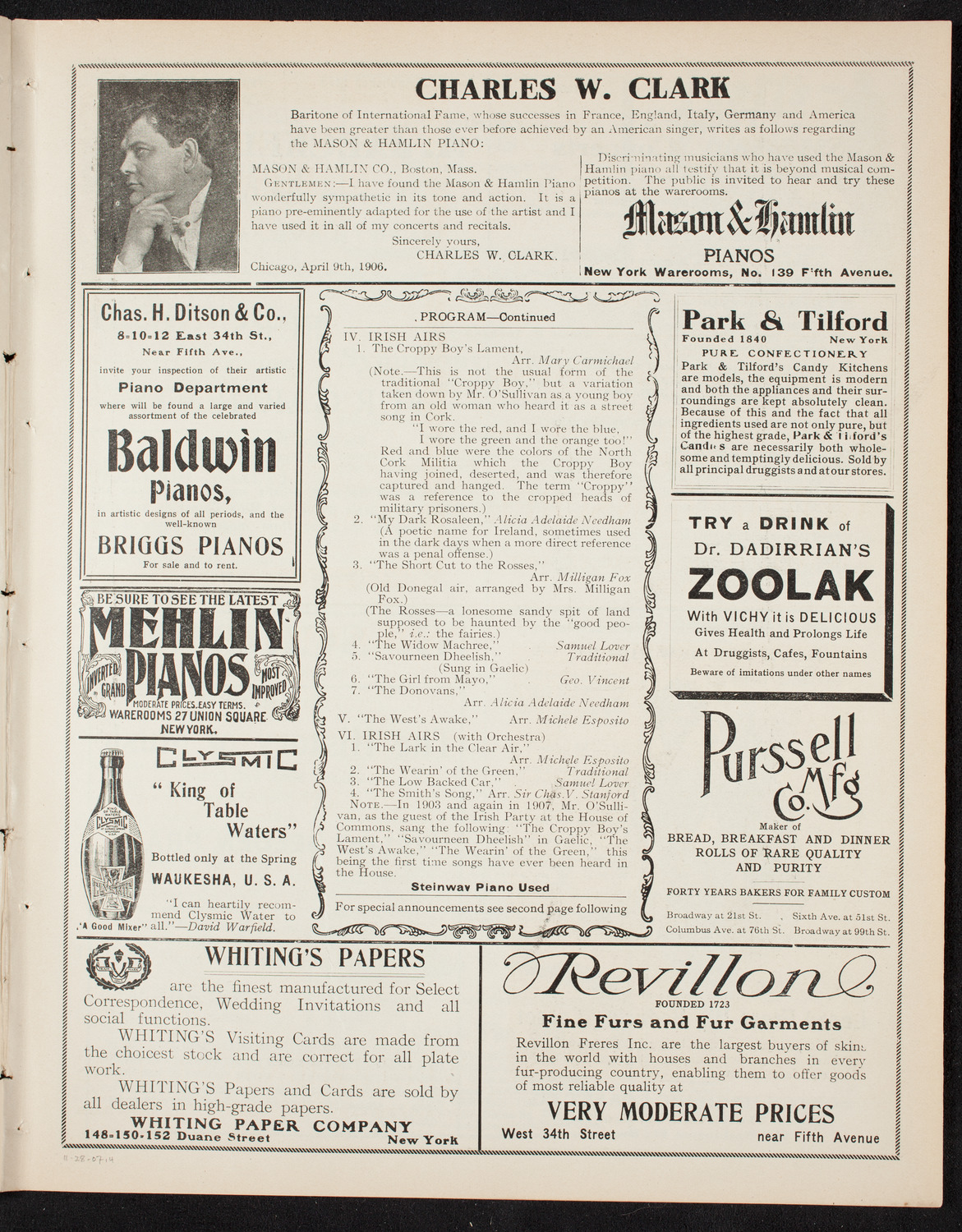 Denis O'Sullivan, assisted by 69th Regiment Band, November 28, 1907, program page 7