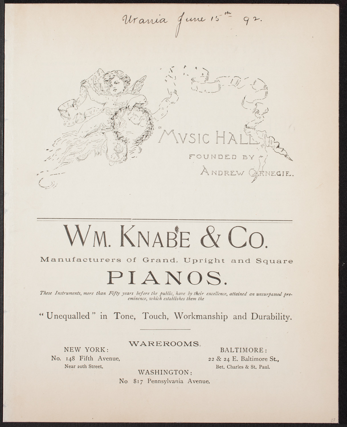 Urania Scientific Theatre, June 15, 1892, program page 1