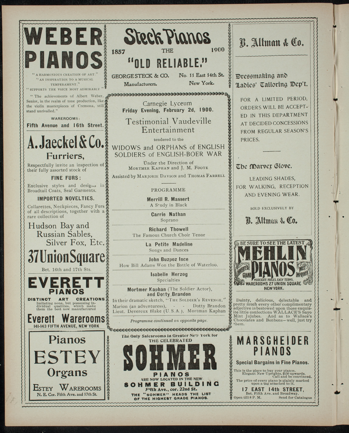 Benefit Vaudeville Entertainment for Widows and Orphans of English Soldiers of English-Boer War, February 2, 1900, program page 2