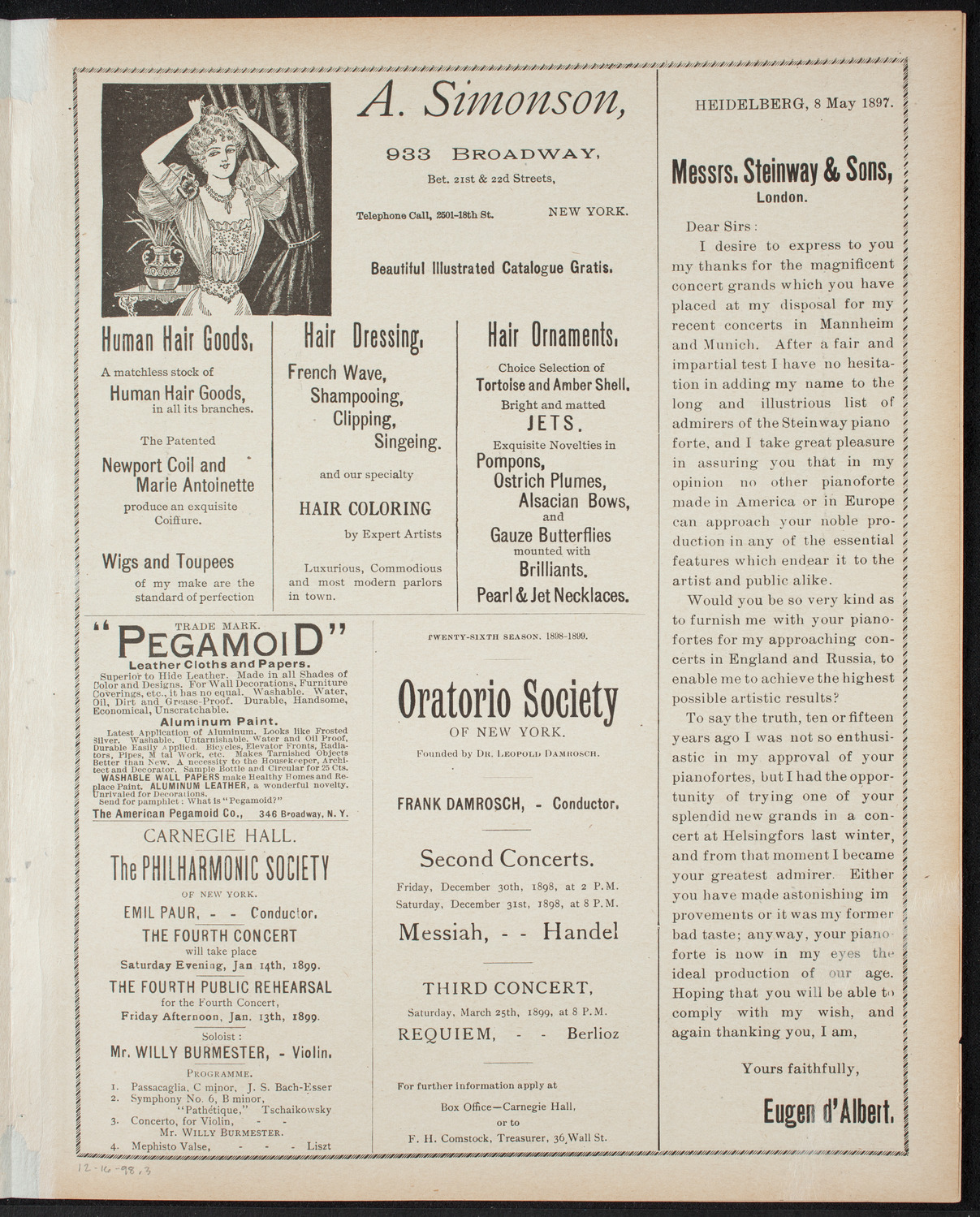 New York Philharmonic, December 16, 1898, program page 5