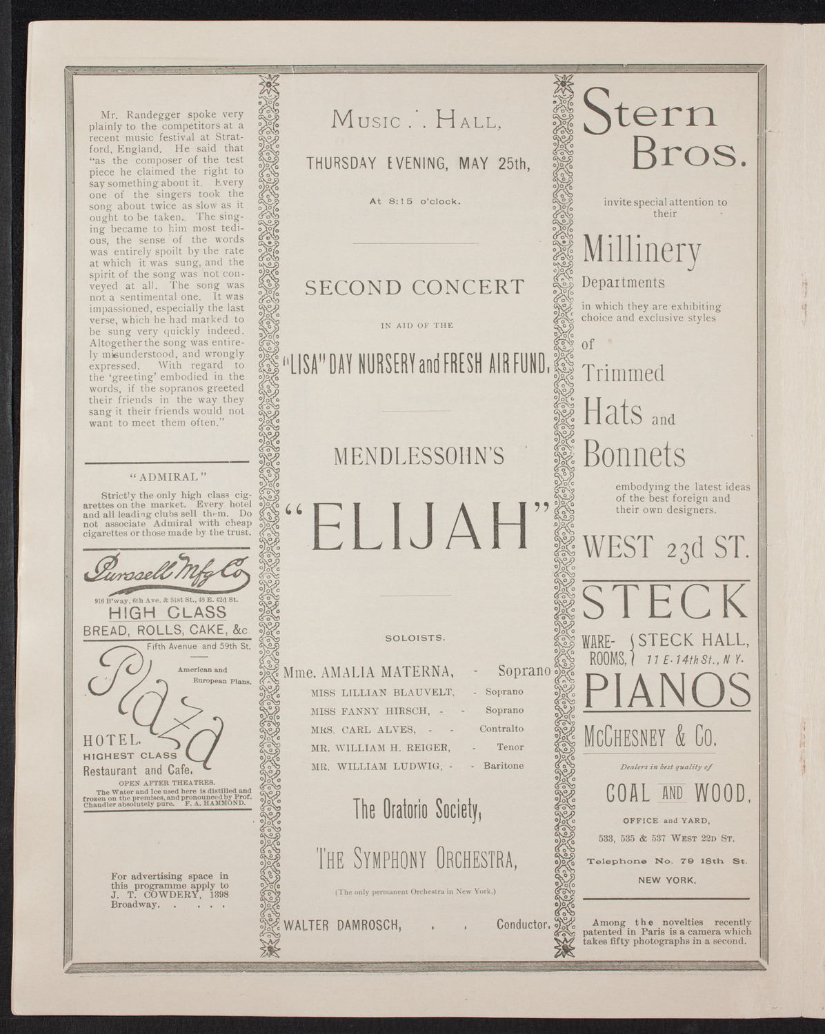 Amalia Materna/ Oratorio Society of New York/ New York Symphony Orchestra, May 25, 1893, program page 4