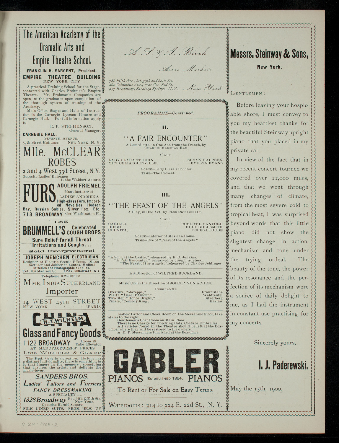 Academy Stock Company of the American Academy of Dramatic Arts and Empire Theatre Dramatic School, November 24, 1900, program page 3