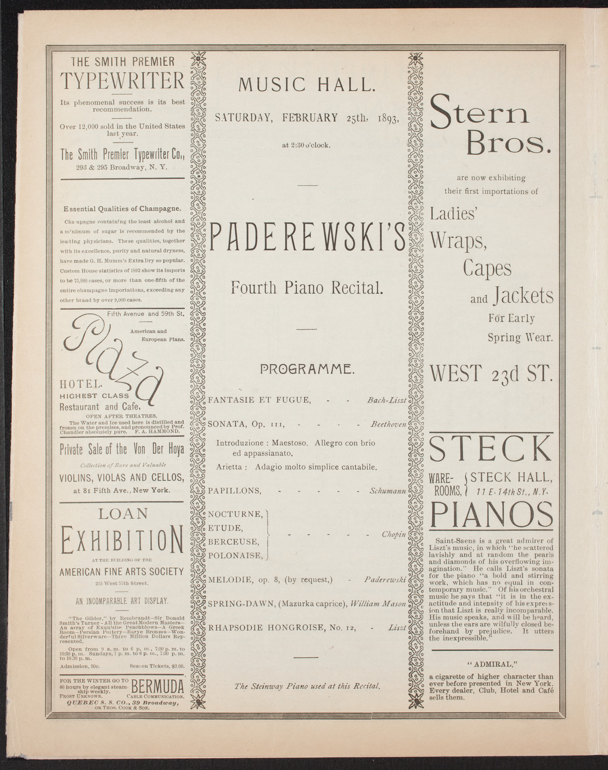Ignacy Jan Paderewski, Piano, February 25, 1893, program page 4