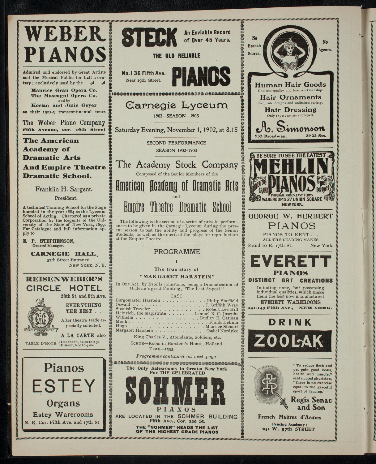 Academy Stock Company of the American Academy of Dramatic Arts/Empire Theatre Dramatic School, November 1, 1902, program page 2