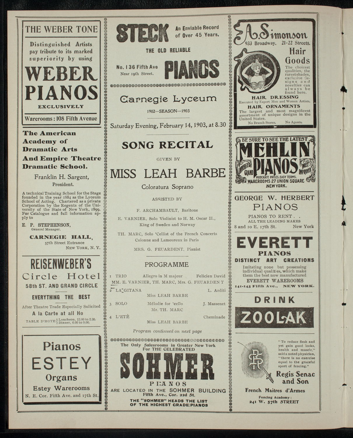Leah Barbe and Others, February 14, 1903, program page 2