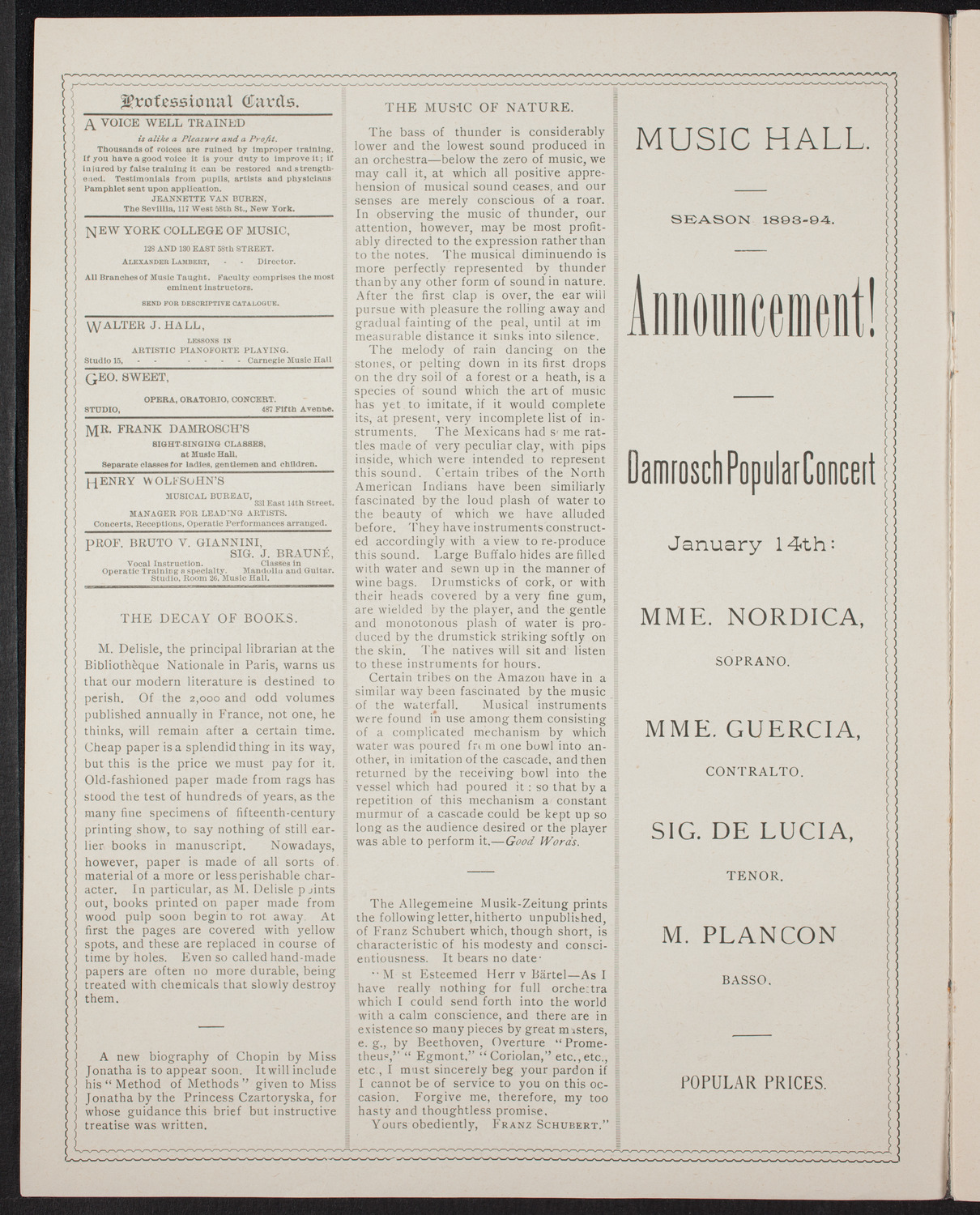 Boston Symphony Orchestra, January 11, 1894, program page 2