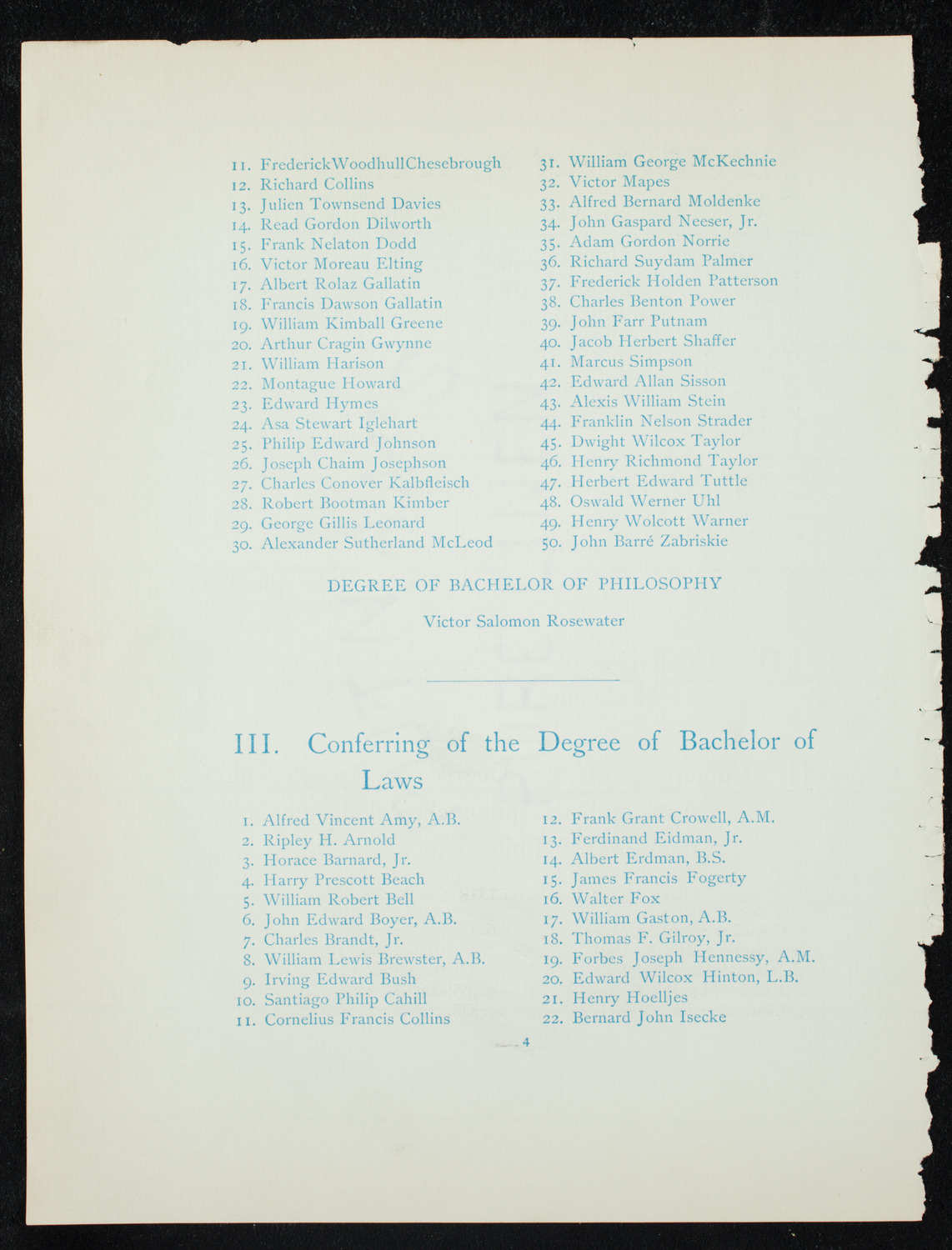 Graduation: Columbia College, June 10, 1891, program page 4