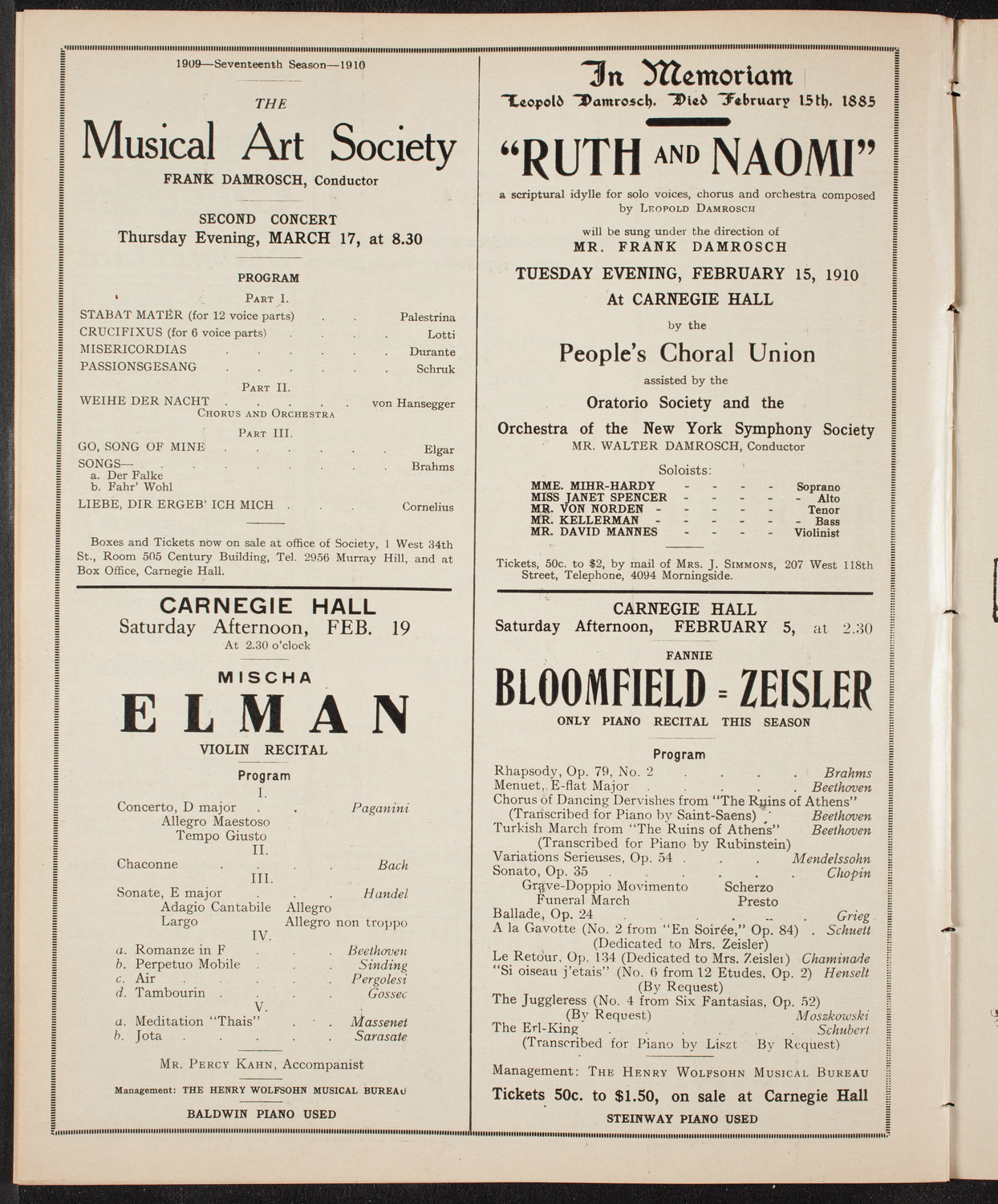 New York Philharmonic, February 3, 1910, program page 10