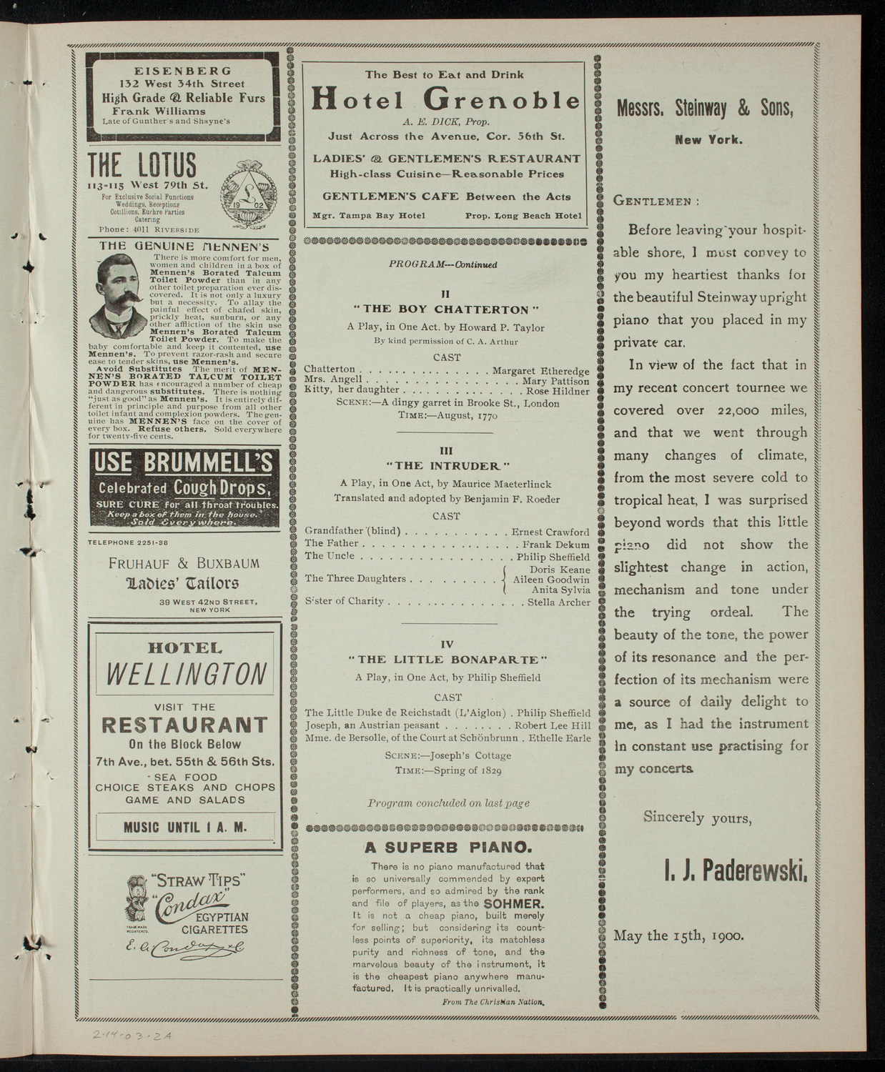 Academy Stock Company of the American Academy of Dramatic Arts/Empire Theatre Dramatic School, February 14, 1903, program page 3