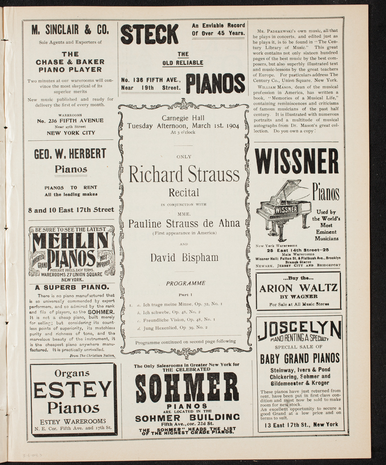 Richard Strauss with Pauline Strauss de Ahna and David Bispham, March 1, 1904, program page 5